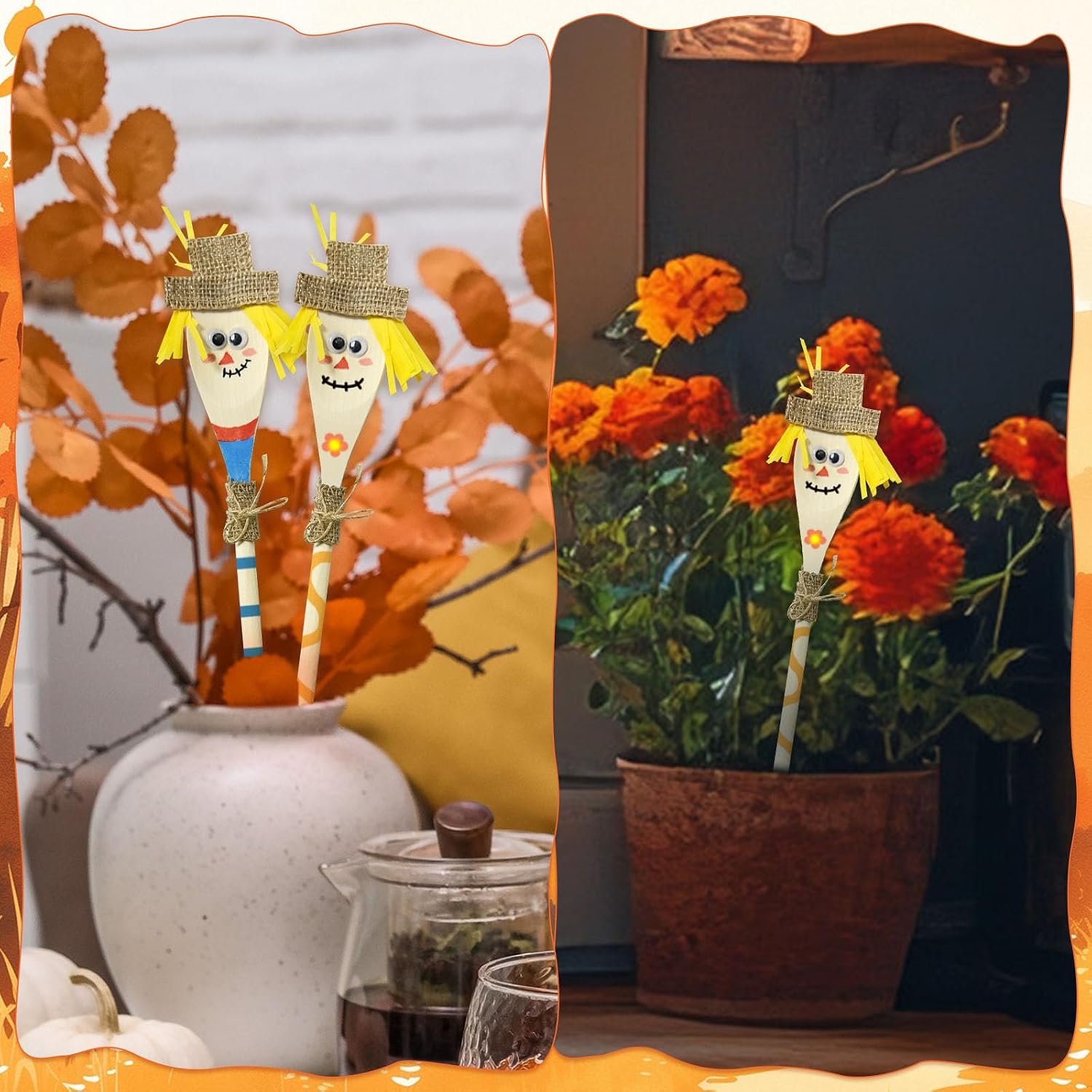 Cinrobiye 12 Set Fall Scarecrow Wooden Spoon Craft Kit, DIY Autumn Scarecrow Mason Jar Decoration Set Goodie Bag Fillers for Thanksgiving Harvest Holiday Classroom Craft Art Activity