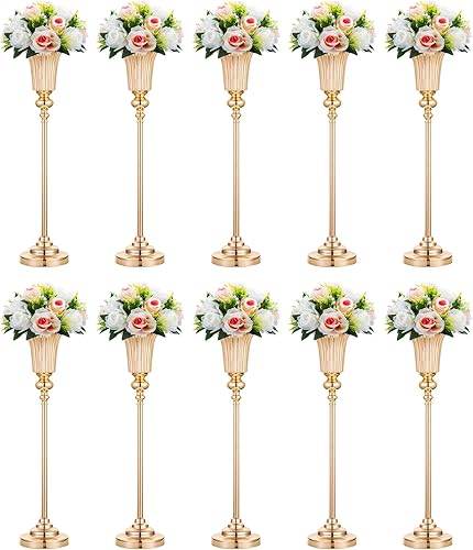 Miniatura 9 de NUPTIO Jarrón de flores para mesa de boda 2 piezas de 26.7 "de alto soporte plateado jarrones de trompeta de metal para decoración de mesa de fiesta