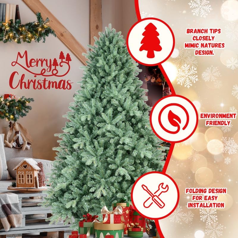 8FT Blue-Green Tint Christmas Tree with 3308 PE+PVC Tips – Unique Full-Bodied Tree with Hinged Branches, Easy Assembly, Stable Metal Stand, Eye-Catching Holiday Decor