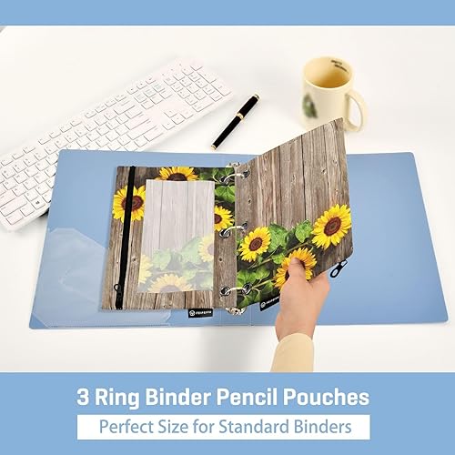 Miniatura 3 de Paquete de 2 bolsas para lápices, tablero de madera de girasoles, bolsas impermeables para lápices con cremallera suave, diseño floral amarillo de 3