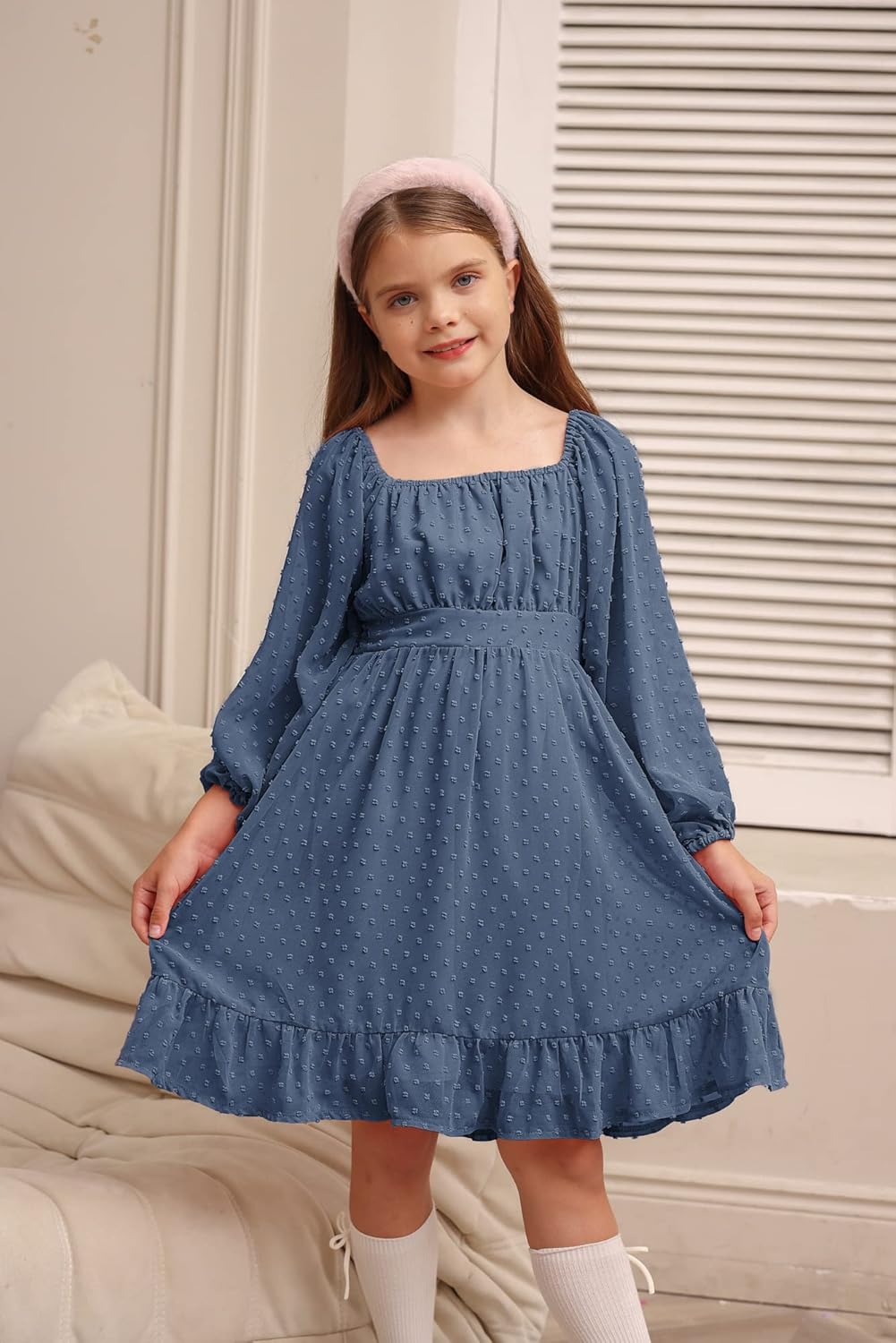 GRACE KARIN Girls Ruffle Tiered Dress Long Sleeve Swiss Dot Flowy A-Line Dress 6-14Y - Image 2