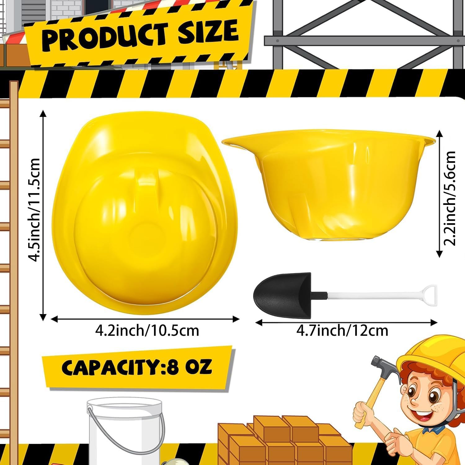 Uiifan 24 Sets Construction Ice Cream Bowls with Shovel Spoons, 8 oz Plastic Helmet Dessert Cups Snack Bowls for Construction Birthday Party Supplies, Kids Themed Party Favors (Yellow)