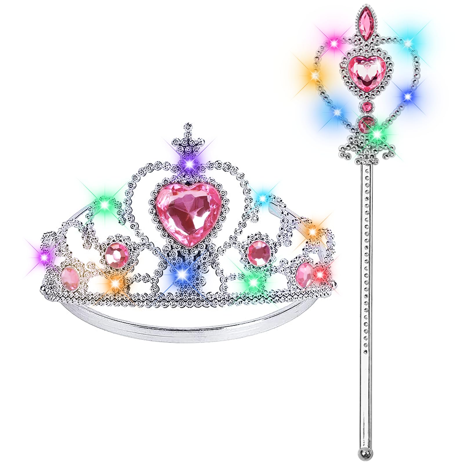 BIBUTY Princess Crown Tiara for Little Girls Princess Dress Up Accessories, Light Up Princess Tiara Wand Toys for 3-6 Girls