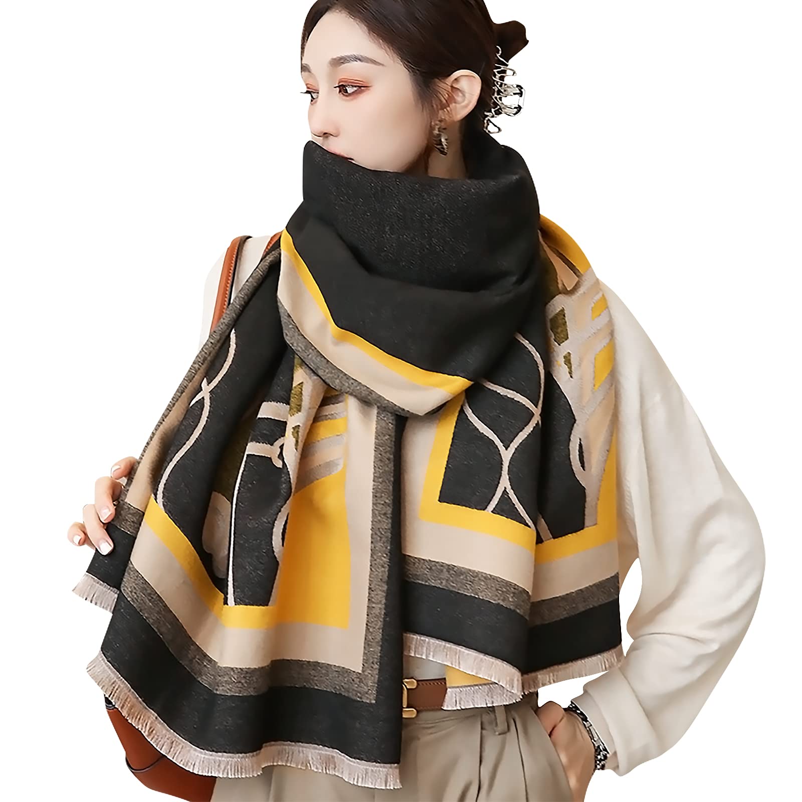 Lumisyne Women's Yellow Winter Scarf Cashmere Shawl For Color Splicing Animal Pattern Warm Pashmina Scarves With Tassel Soft Wool Thickened Wrap