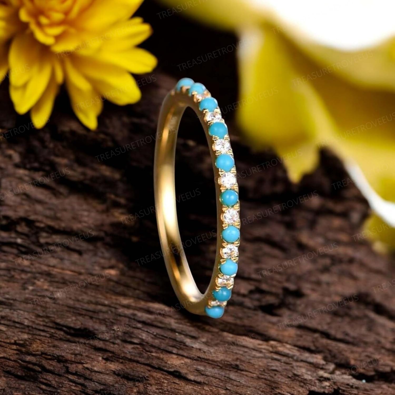 Turquoise Eternity Band for Women Gold Plated Dainty Stackable Ring Half Eternity Turquoise and Diamond Band Christmas Gift New Year Anniversary Wedding Jewelry
