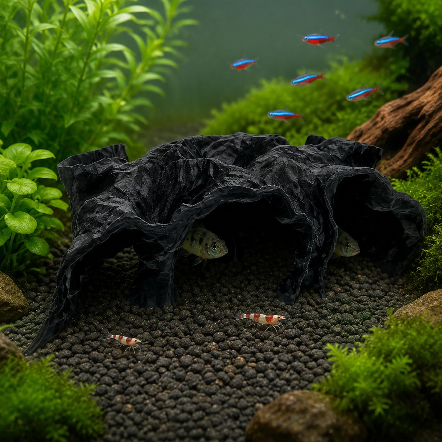 Aquarium Rock Cave Hideout – Resin Fish Tank Ornament with Multiple Entrances, Safe Breeding & Hiding Shelter for Shrimp, Betta & Small Fish, Decoration for Planted & Nano (Black, middle)