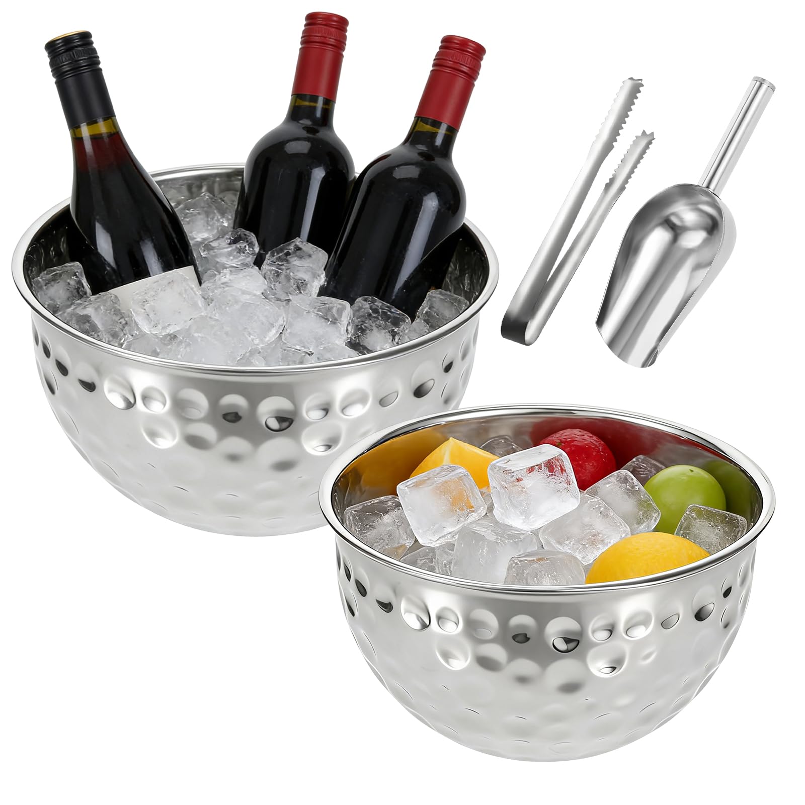 2 Pack Stainless Steel Ice Buckets with Scoop and Tongs Large Capacity Champagne Bucket Ice Container for Wine Champagne Beer Cocktails Drinks Cooler