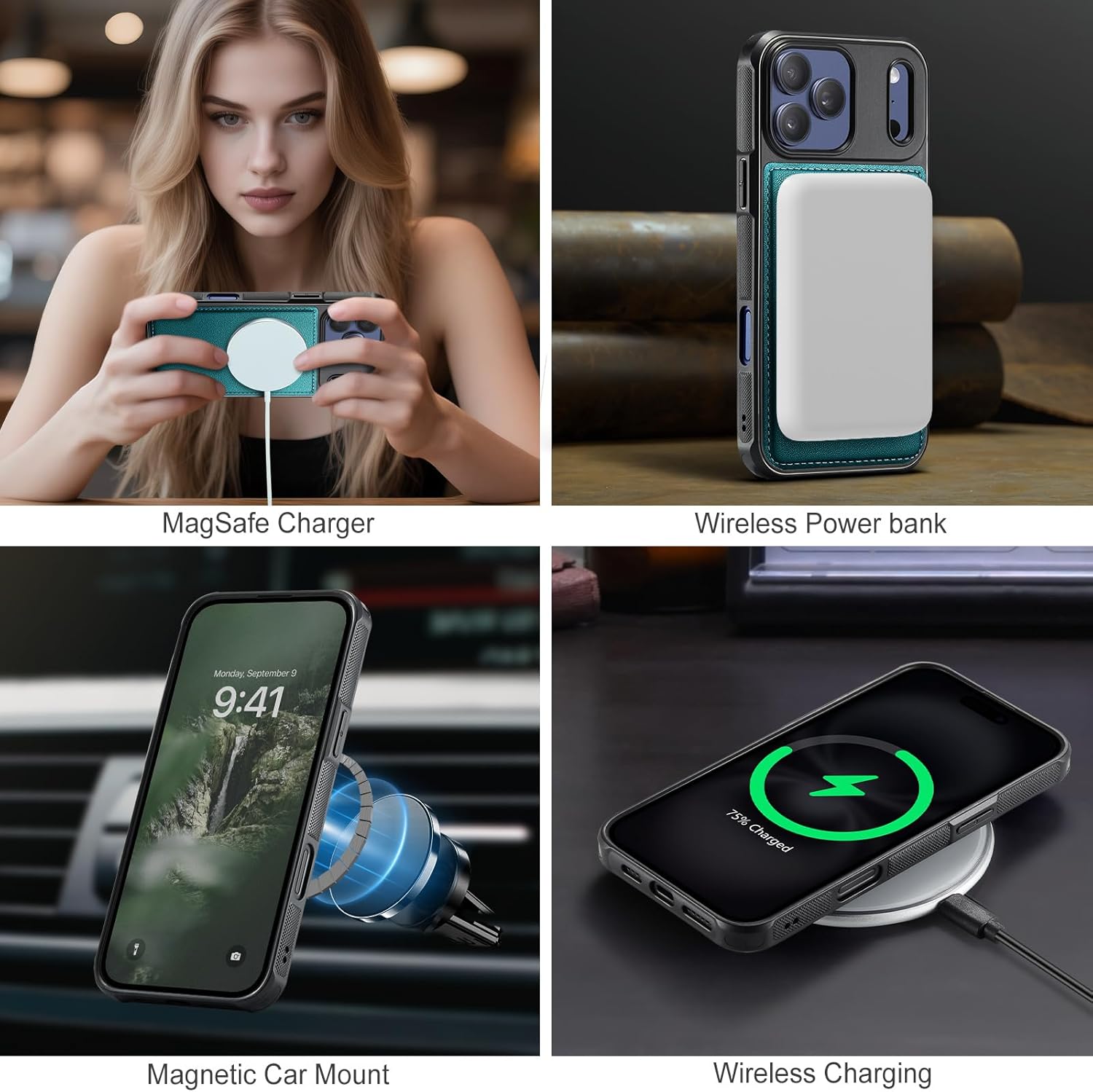 for iPhone 17 Pro Wallet Case Compatible with Magsafe, Magnetic RFID Blocking Card Holder Kickstand 2 in 1 Detachable Case for iPhone 17 Pro 6.3", Bluish Green - Image 3