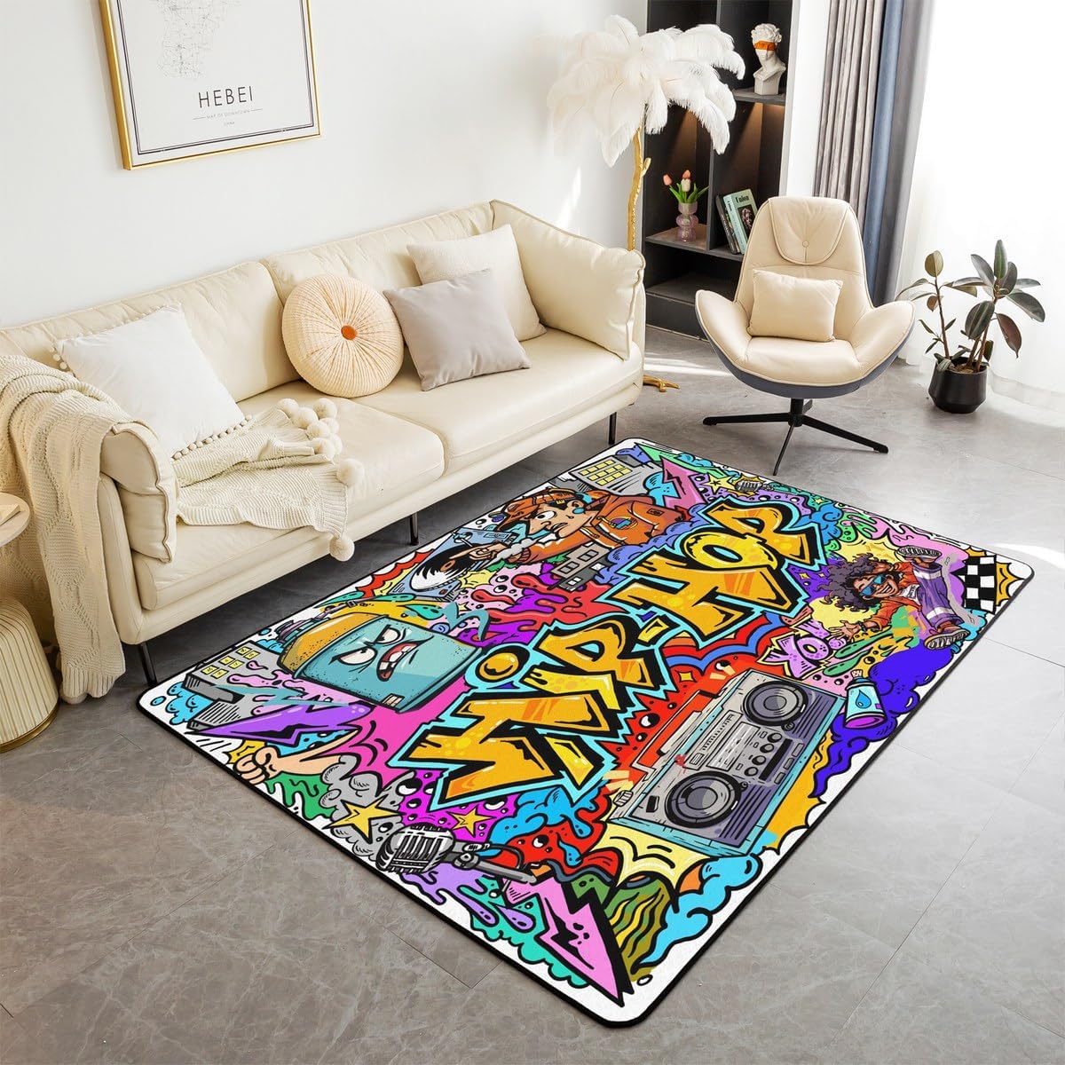 jejeloiu Hip Hop Decor Area Rug 5x7 Inch Hippie Graffiti Style Rugs for Bedroom Living Room Graffiti Graphic Street Culture Grunge Art Decorative Rug