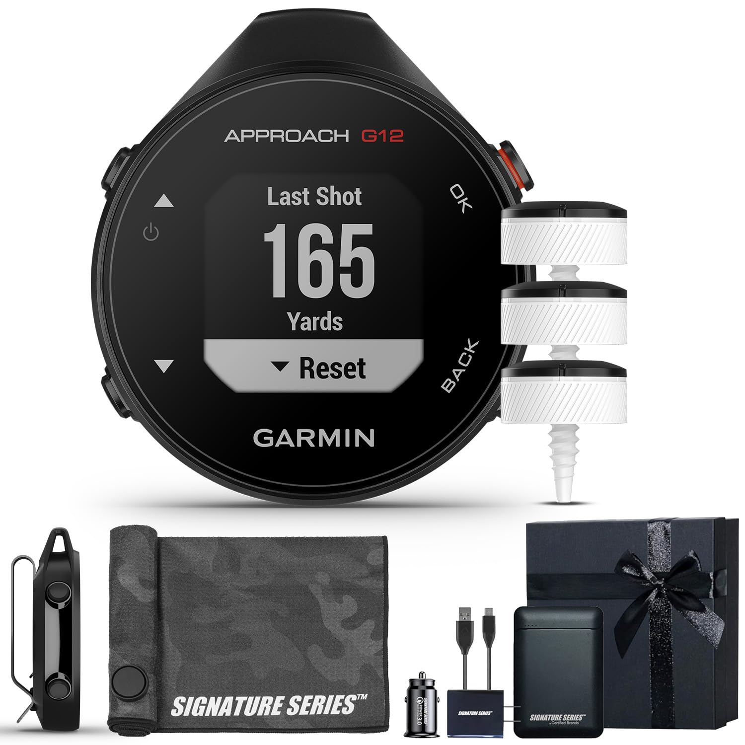 Garmin Approach G12 Golfing Handheld | Preloaded with 42k CourseView Maps | Scorekeeping | Golf System with Approach CT10 Starter Kit, Club Tracking System (3 Sensors) and Signature Series Gift Bundle