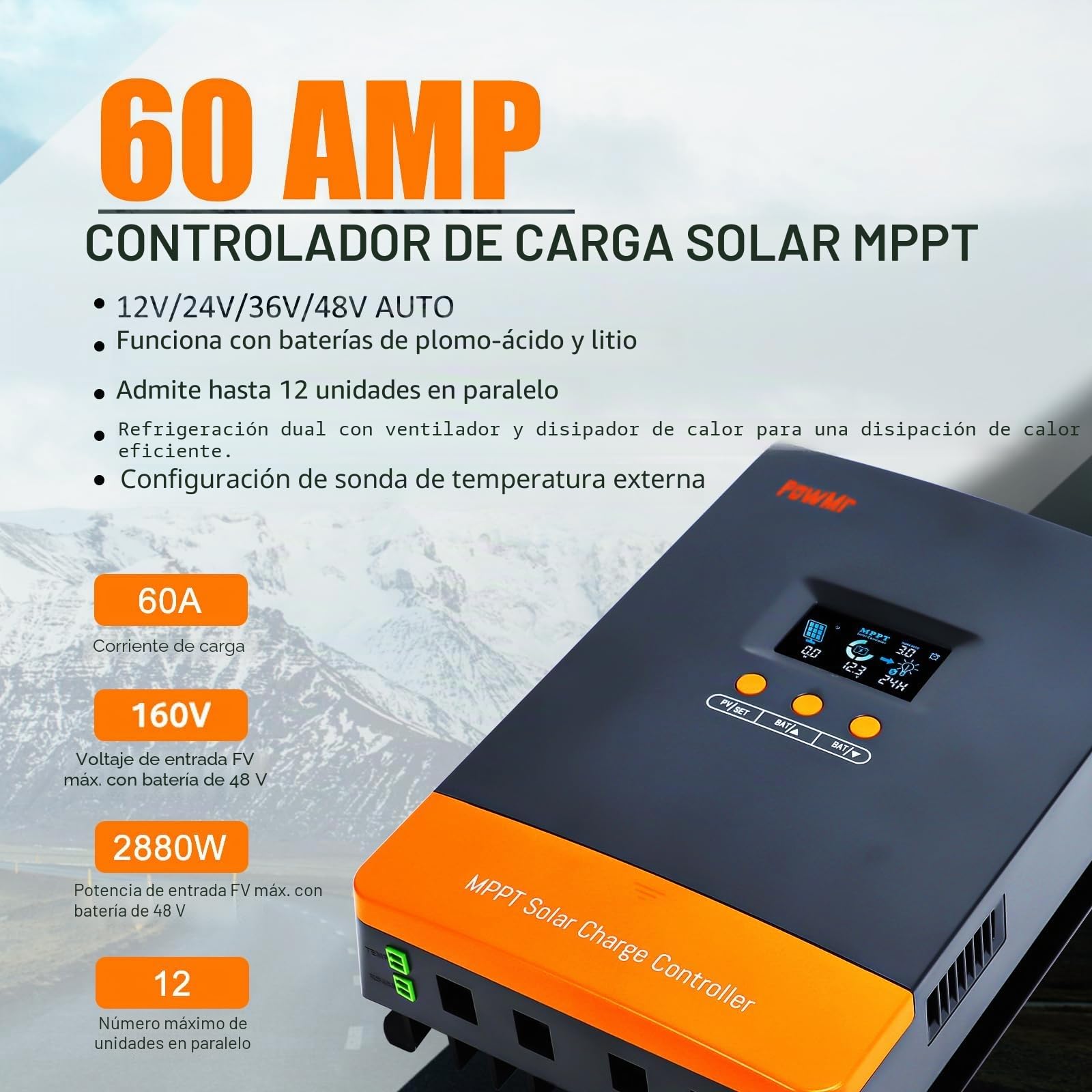 PowMr Controlador de carga solar MPPT de 60 amperios, apto para batería de litio de plomo ácido de 12 V/24 V/36 V/48 V automática, carga solar de entrada máxima de 160 V y 2800 W. Versión paralela