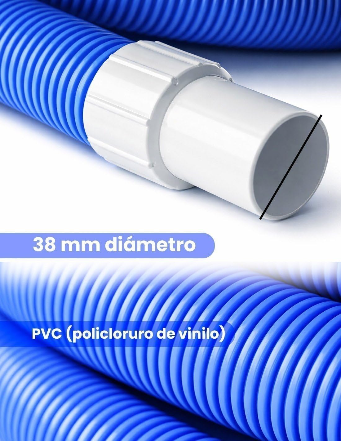 JARDIN202 - Manguera Flotante para Piscina Limpiafondos, 2 terminales de 38 mm de diametro – Flexible - Largo de 8m, 10m, 12m, 15m y 30m | 8m