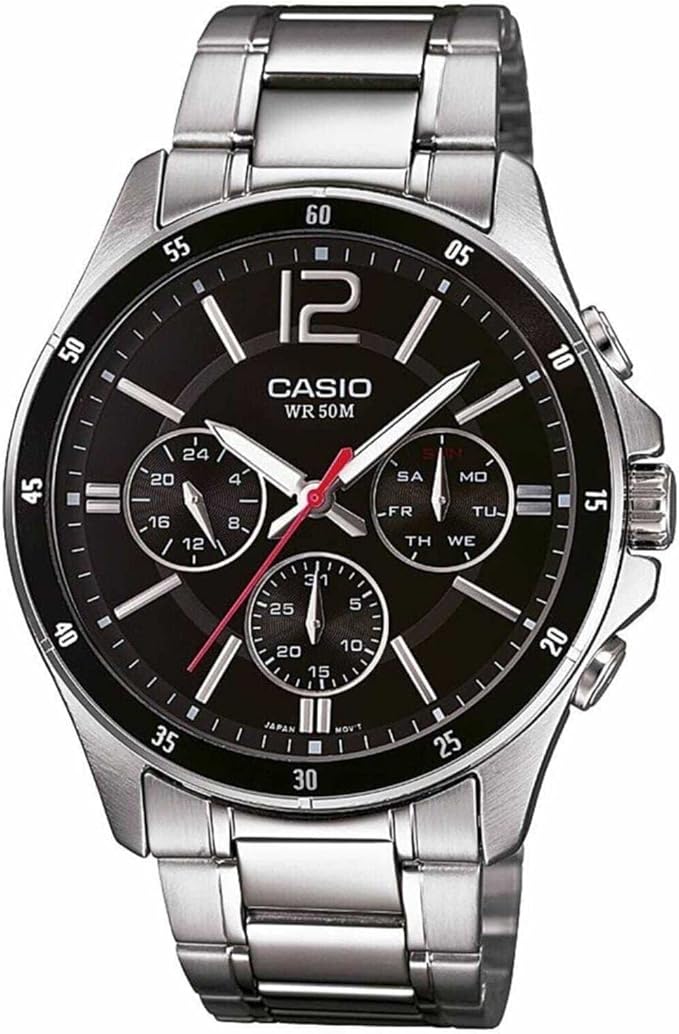 Casio Men's Watch - MTP-1374D-1AVDF Black Dial, Silver Band