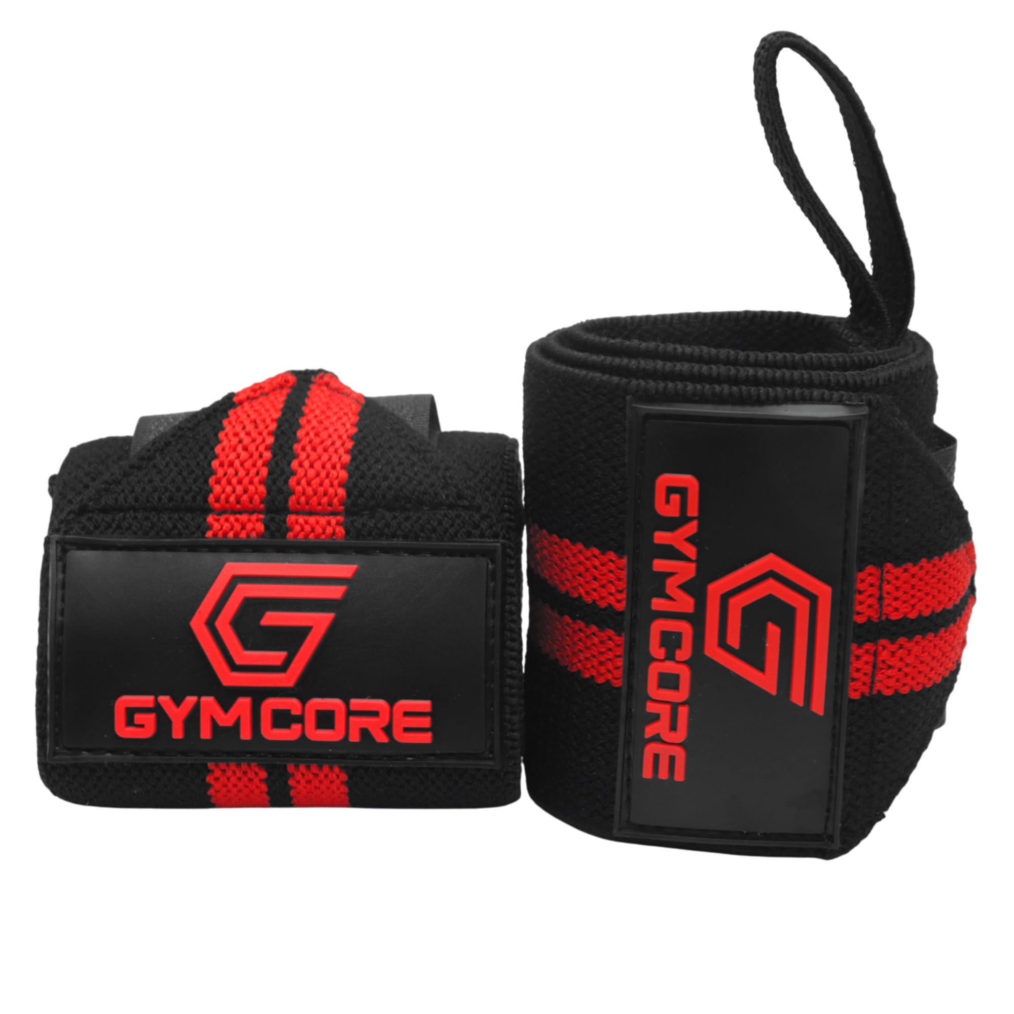 GYMCORE Wrist Wraps for Weight Lifting – Heavy-Duty Adjustable Straps with Thumb Loops for Support – Premium Cotton & Elastane – Reinforced Support for Gym, CrossFit, Powerlifting, Black and Red
