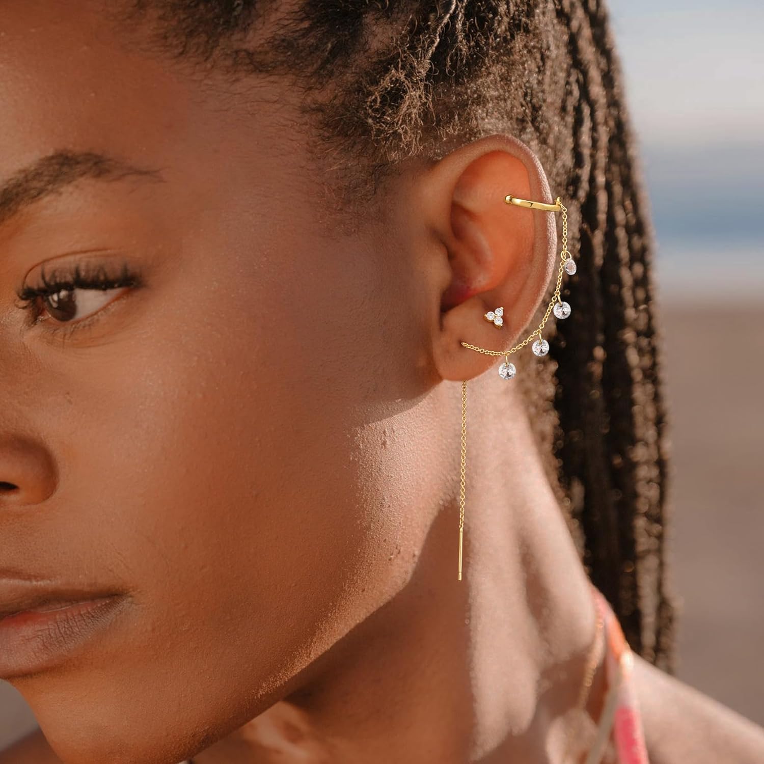 Gold Plated Earrings for Women Trendy, 14K Gold Chain Earrings Hoop Earrings Set for Multiple Piercing Dainty Dangle Huggie Earrings Cartilage Cubic Zirconia Stud Earrings Jewelry for Women - Image 2