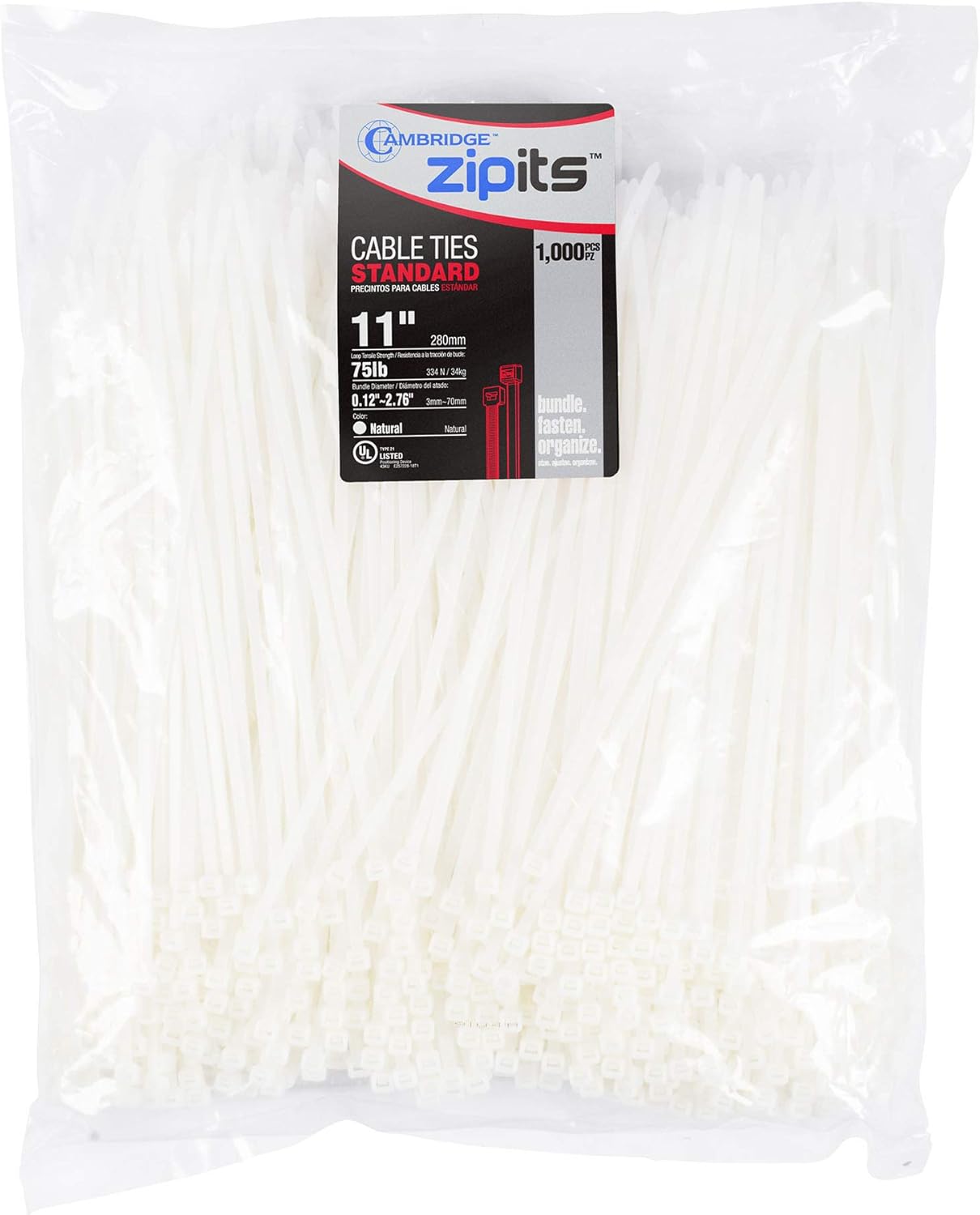 Cambridge ZipIts Nylon 6/6 UL Listed Cable Ties 11in 75 Lb