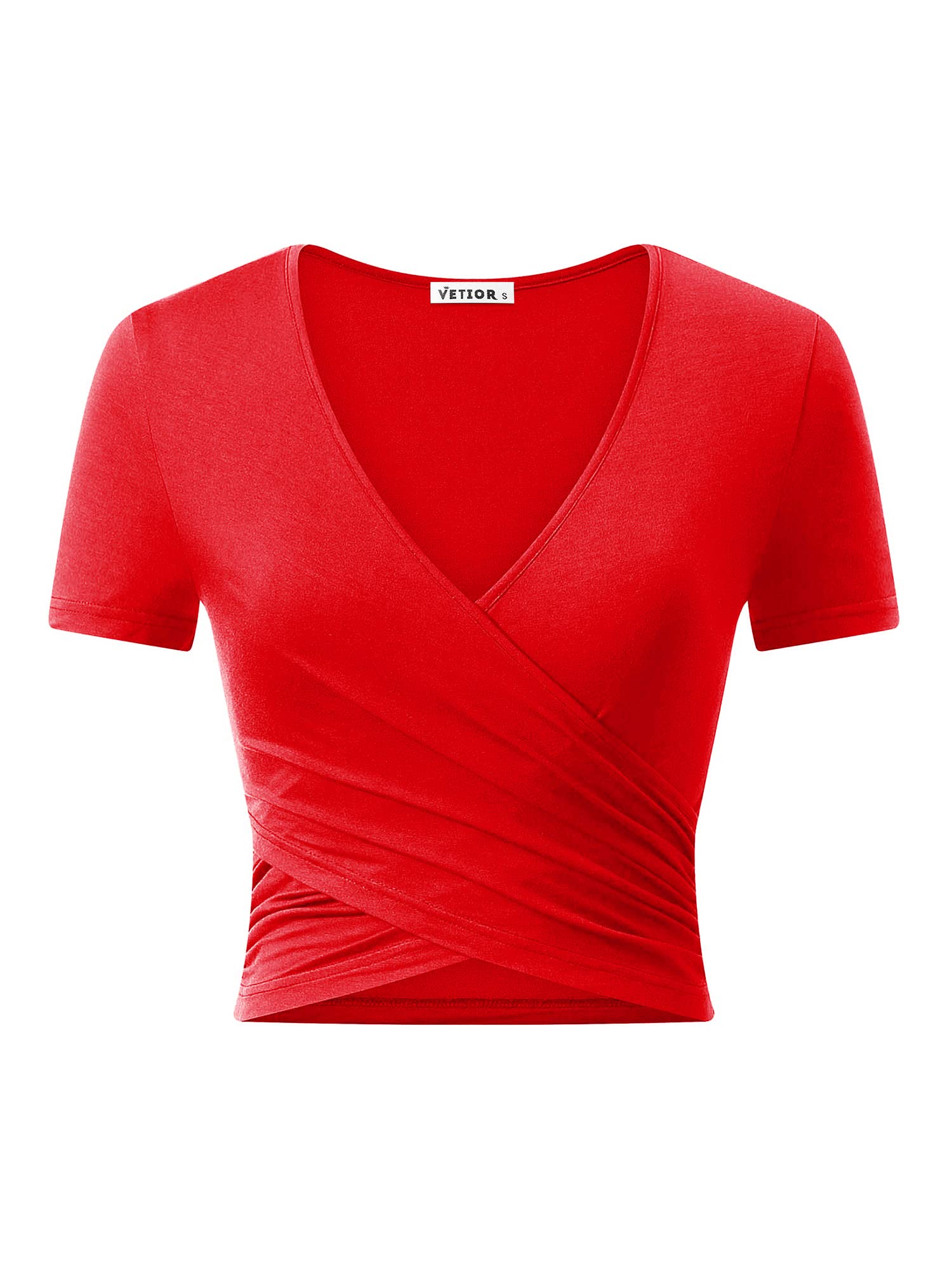 Women's Sexy Deep V Neck Short Sleeve Unique Slim Fit Cross Wrap Shirts Crop Tops Going Out Tops