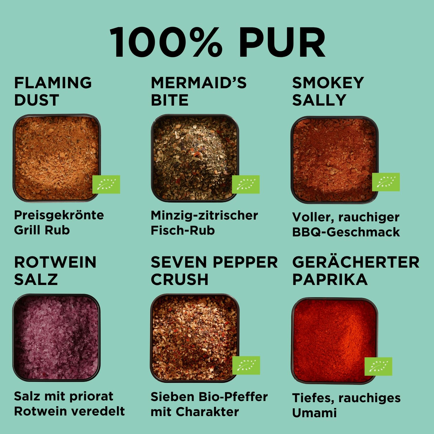 Mill & Mortar BIO Grillgewürz-Geschenkset, 6 Gewürze für BBQ | Smokey Sally, Flaming Dust, Mermaid's Bite, Seven Pepper Crush, Paprika, Rotweinsalz, 4 von 6 Bio, Geschenke für Männer