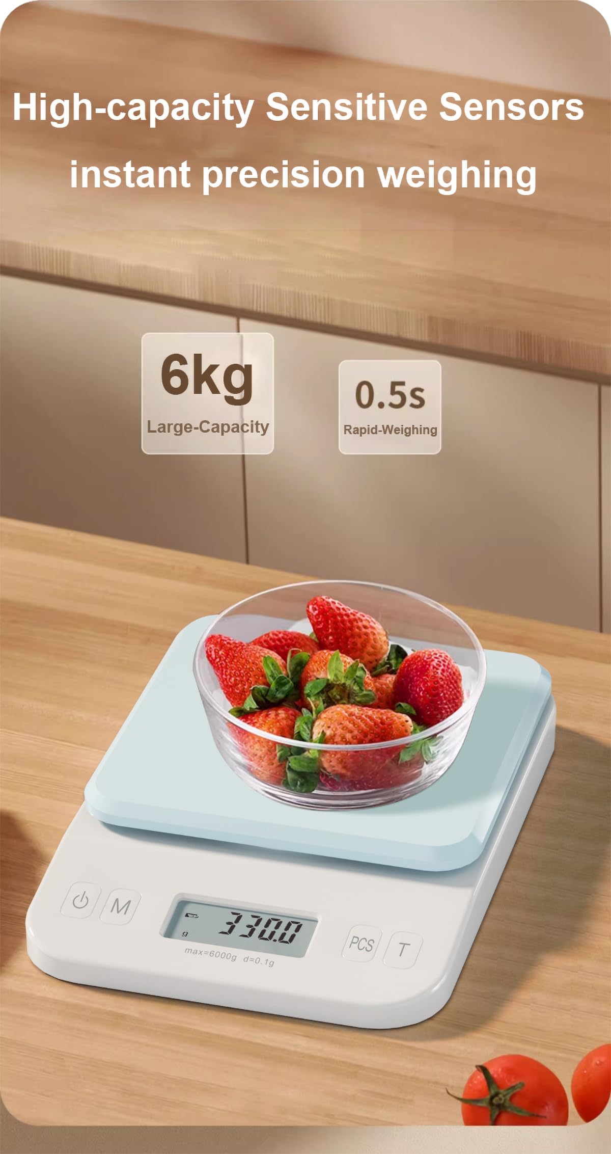 YRY White Elf Pro - Báscula digital de cocina de 6 kg/0,1 g, báscula para hornear ultra precisa con pantalla LCD retroiluminada, función de tara, conversión de 9 unidades, perfecta para café, hornear