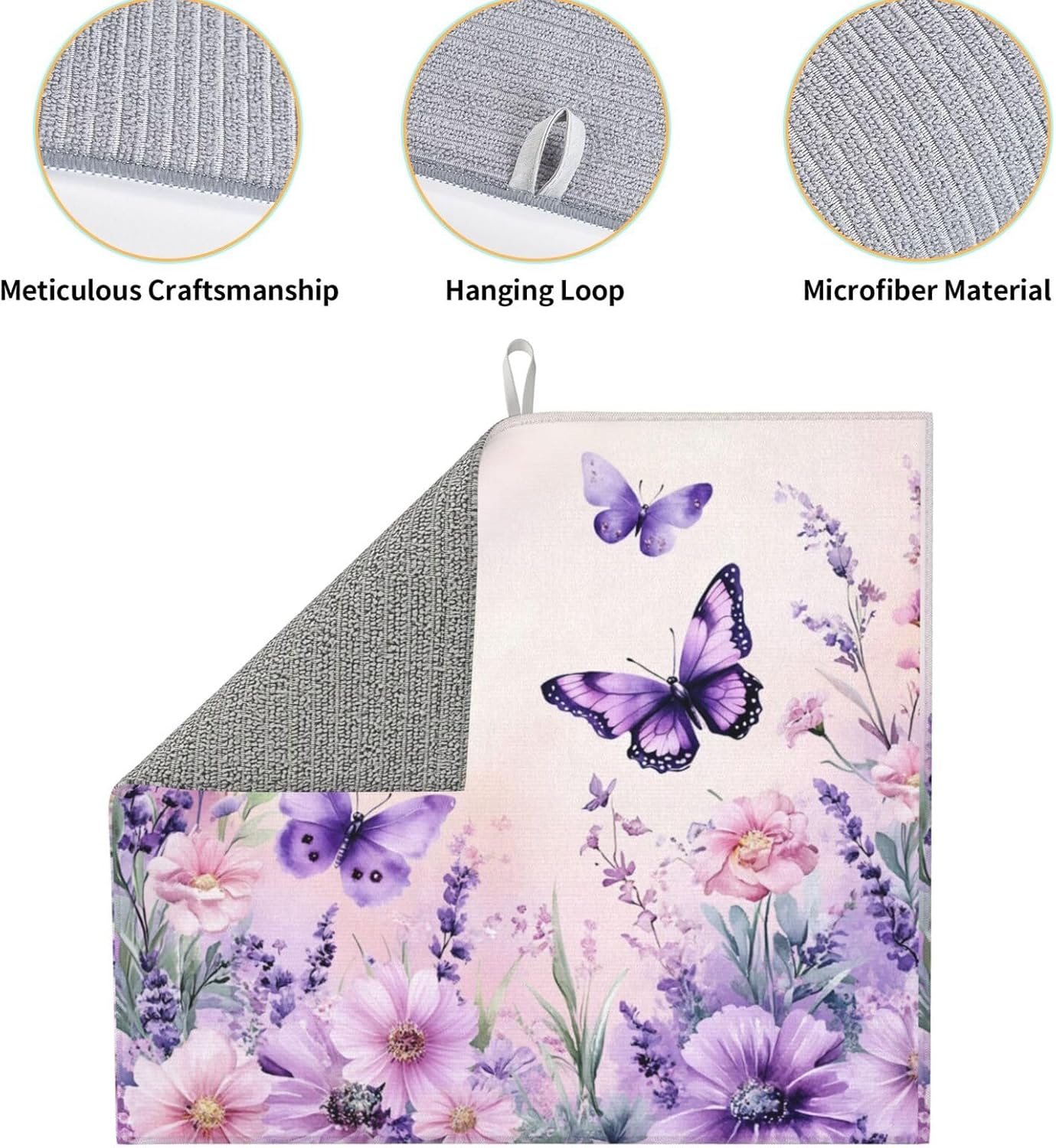 Purple Daisy Lavender Butterfly Dish Drying Mat For Kitchen Counter Pink Floral Dry Mats Microfiber Dish Drainer Mat Protector Pad Absorbent Fast Drying Kitchen Must-Have 16x18 Inch