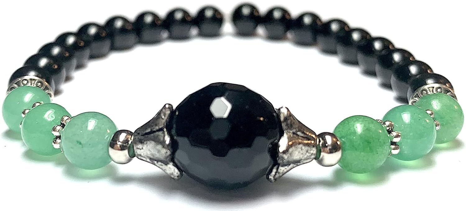 Handmade Black Onyx, Black Tourmaline and Green Aventurine Healing Bracelet 7 Inches