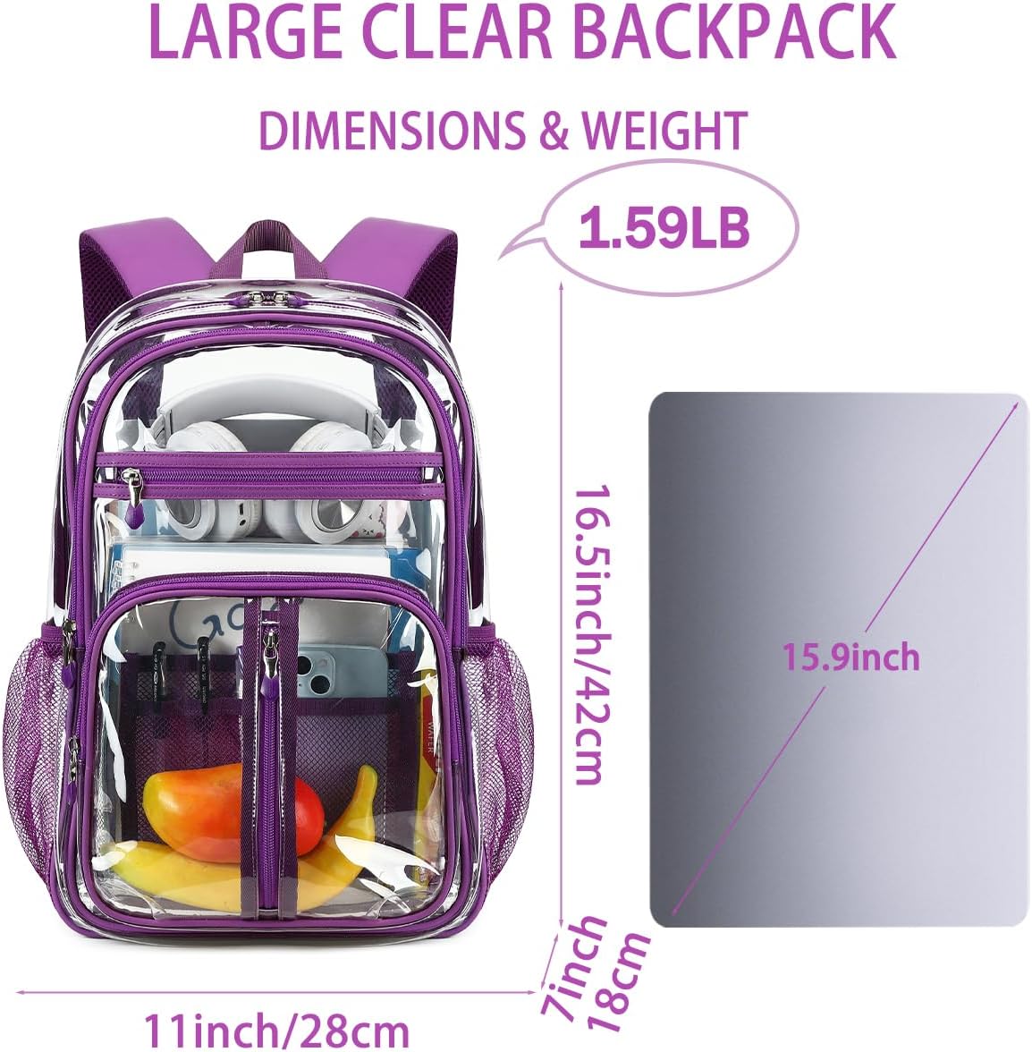 Cusangel TPU Purple Clear backpack for Girls women,16.5in Large See Through Heavy Duty Bookbag,Capacity Transparent Bag For Stadiums,School,Warehouses,Concert venues and other security checkpoints - Image 4