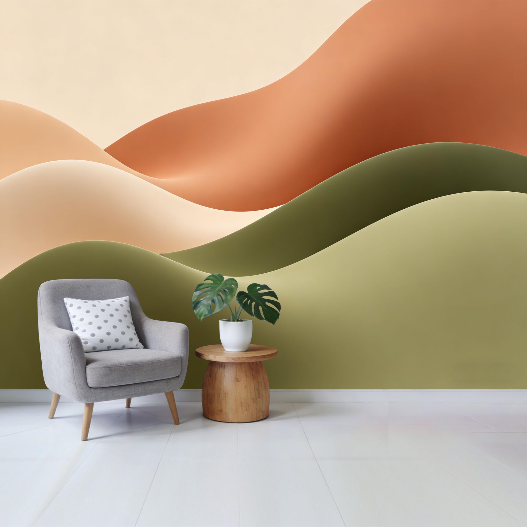 Qzlithotic Yq2605250070 Custom Size Wall Mural Abstract Minimalist Sage Green And Terracotta Wavy Landscape Shapes Selfadhesive Wall Fabric Removable Wallpaper For Home Office Decor