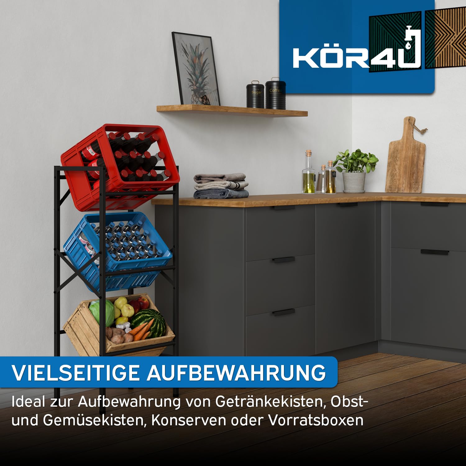 kör4u Getränkekistenregal Schwarz für 3 Kisten - Robustes Stahlregal mit 450 kg Tragkraft - Platzsparender Getränkekistenhalter für Keller, Küche & Vorratsraum