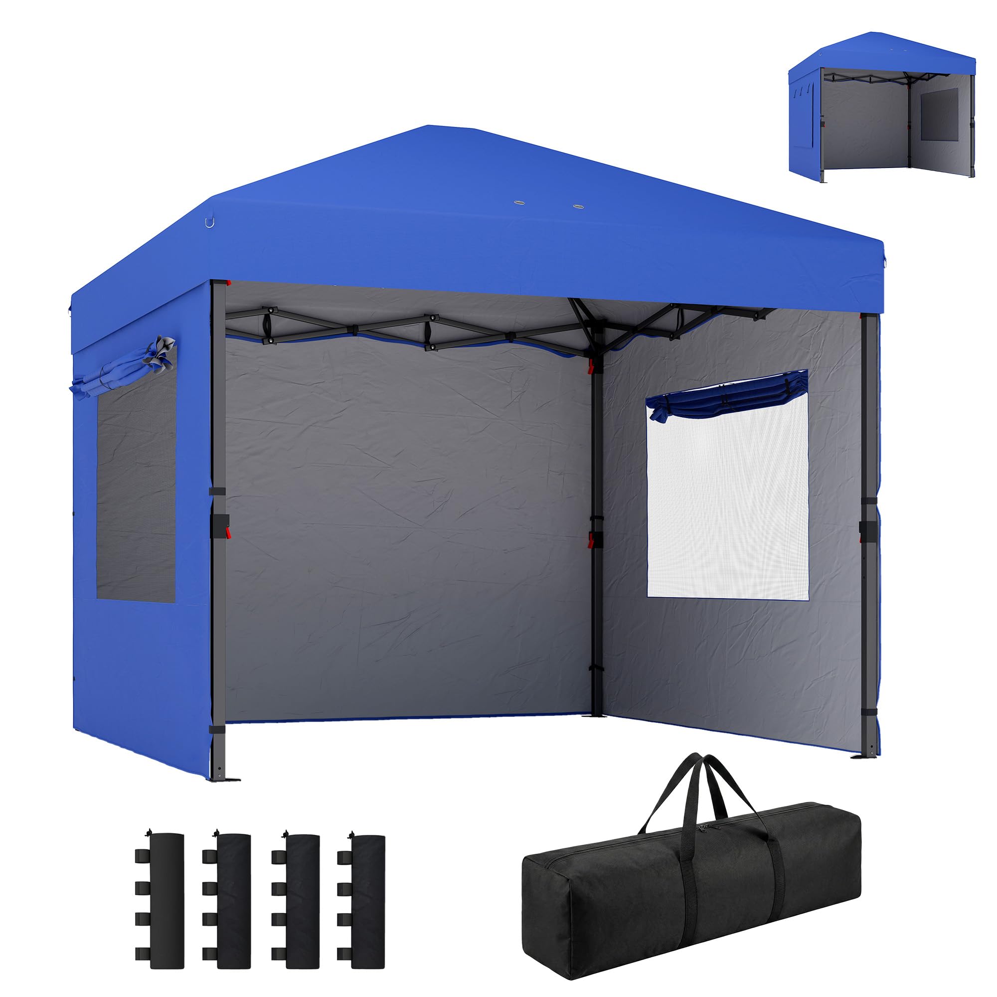 Outsunny Carpa Plegable 3x3 m Pop-up con 3 Paredes Laterales UPF50+ Azul | Cenador Pabellón de Jardín, 2 Ventanas Malla, Altura Ajustable 3 Niveles, Bolsa Transporte, Sacos Arena, Gazebo Exterior