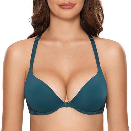 DOBREVA Women's Push Up Bra Racerback Front Closure Bras Plunge Underwire Tshirt Padded Lace
