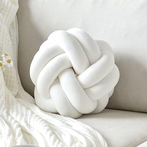 Cojín decorativo suave con forma de bola de nudo, almohada redonda de felpa anudada de 11 pulgadas, almohada blanca, cojín decorativo moderno para