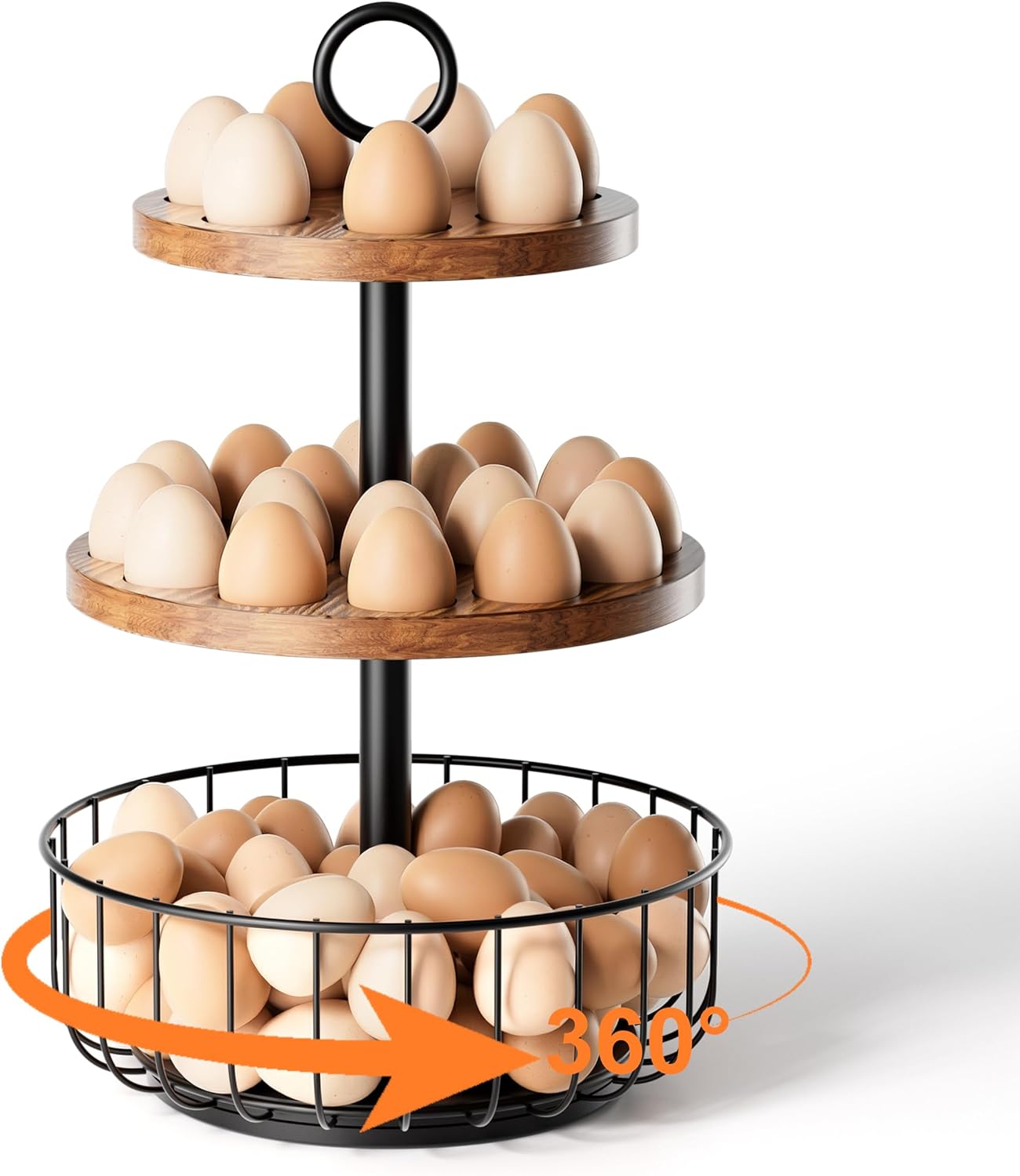 3-Tier 360° Rotating Egg Holder with 24+40 Egg Capacity - Rustic Farmhouse Kitchen Counter Organizer, Tiered Egg Storage Rack with Ventilated Wooden Trays & Metal Basket for Easter Eggs, Fresh Eggs