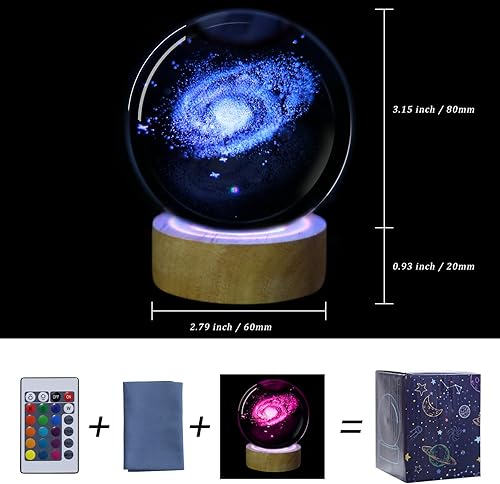 Miniatura 4 de Luz nocturna de bola de cristal de galaxia 3D con control remoto mejorado de 3.15 pulgadas, lámparas de bola de vidrio con base de madera LED de 16