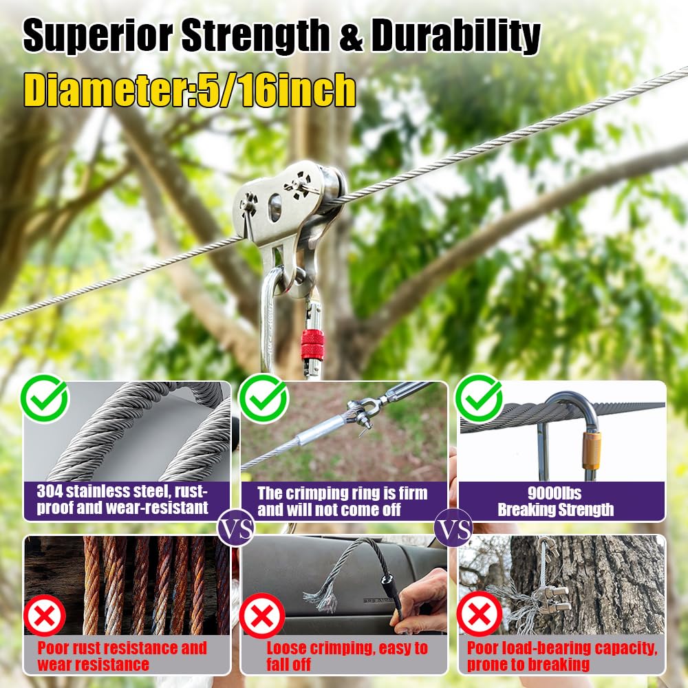 Stainless Steel Cable With Double Loops - 1/16" 1x19 Strand Custom Cut Guide Wire For String Lights