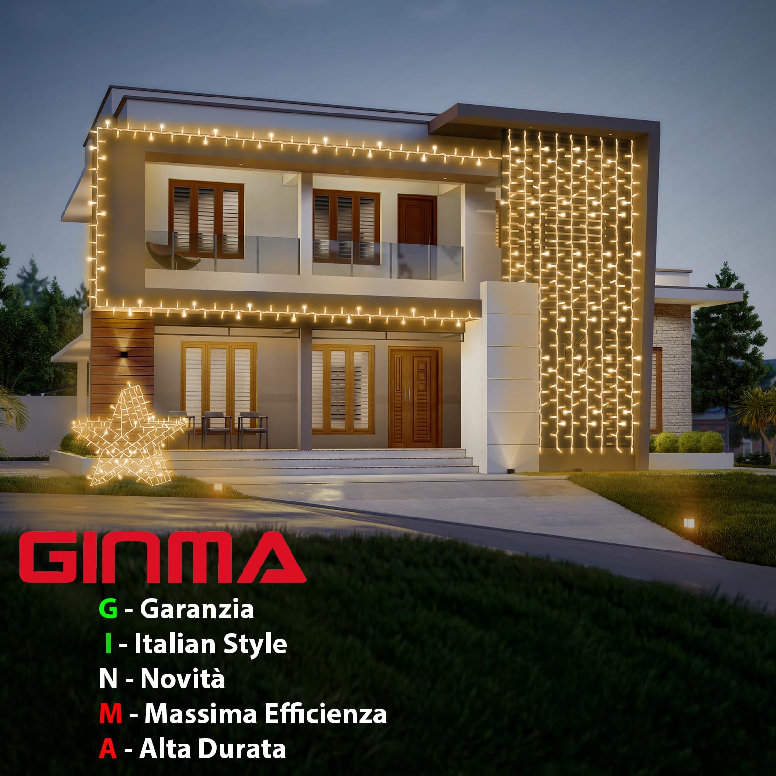 GINMA - Luci Di Natale da Esterno Professionali a Risparmio Energetico e Alta Impermeabilità - Luminarie Natalizie da Esterno (Bianco Caldo DIAMANTE, 20 Metri (200 LED))