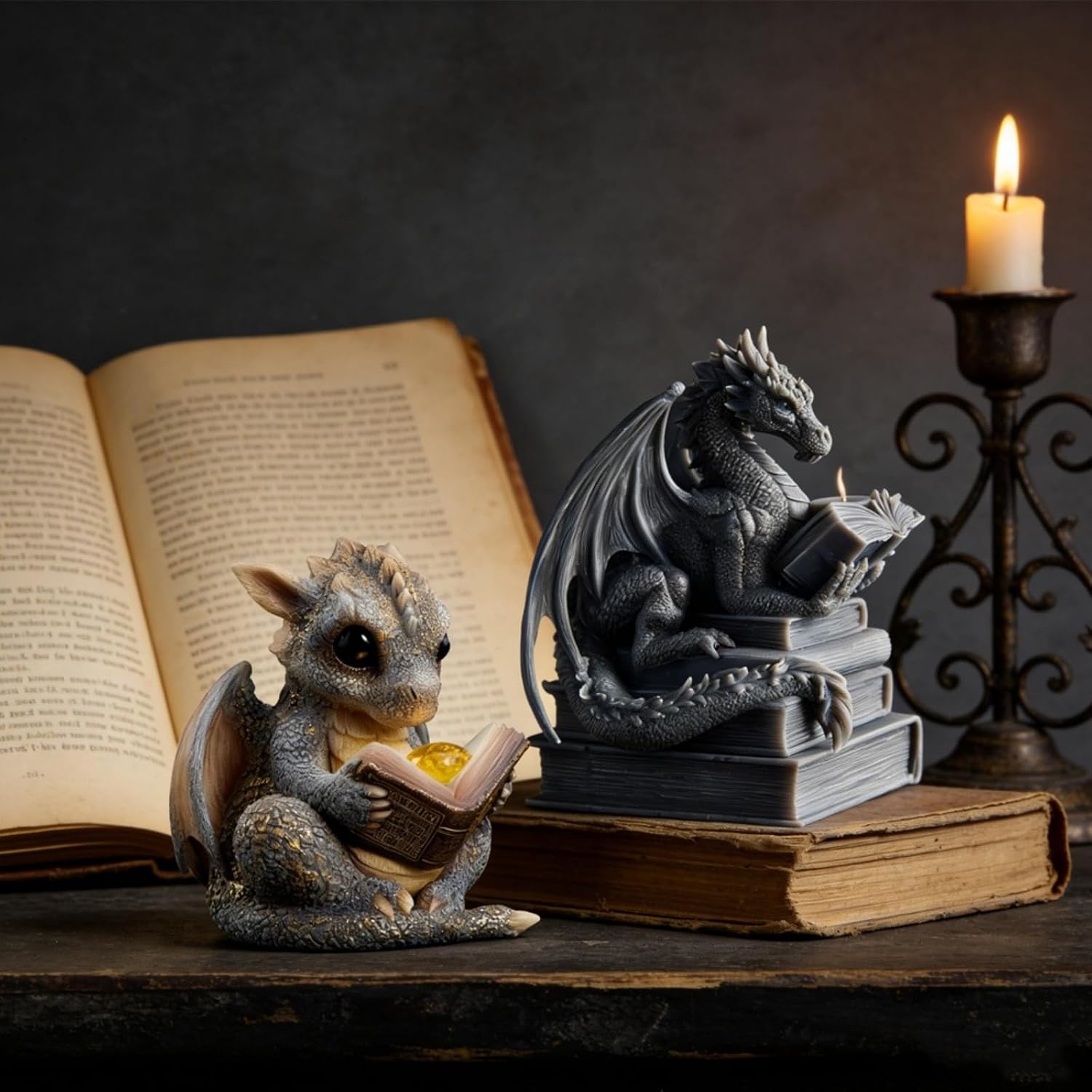2 Pcs Book-Reading Dragon Candle Mold, Dinosaur Resin Casting Silicone Mold