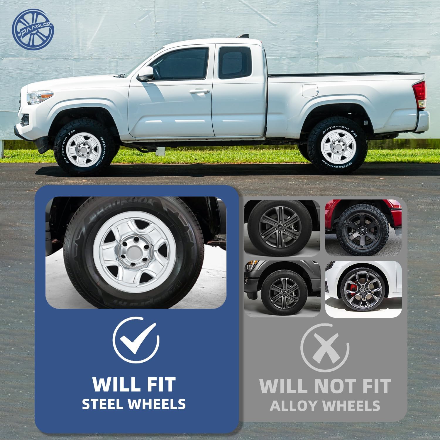 16 Inch Wheel Covers Hubcaps for 2005-2023 Toyota Tacoma, Fits Factory Steel Wheel OEM # 42601-AD041, 4-Pack Direct Replacement Chrome Silver Wheel Skins
