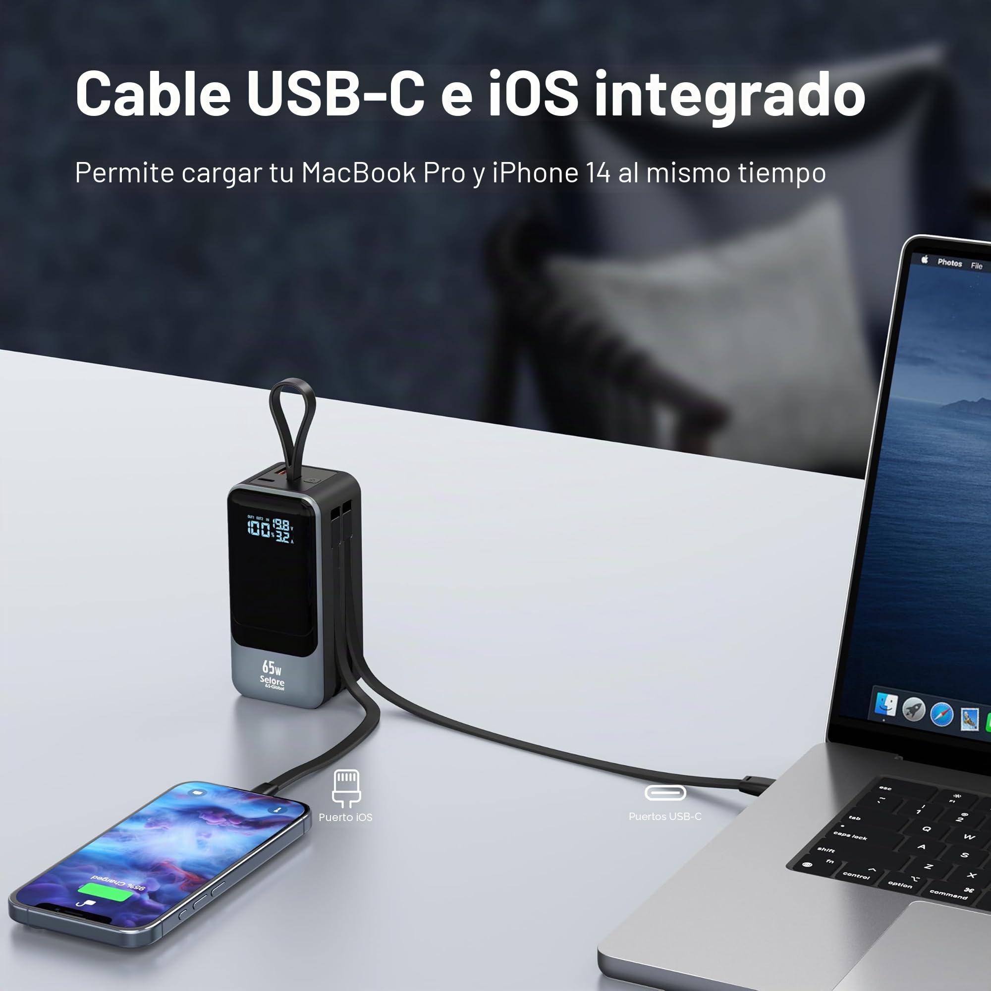 Selore&S-Global Power Bank, 65W Bateria Externa Carga Rapida, USB C Cargador Portátil con Cable Integrado, 4 Outputs, Powerbank Compatible con iPhone 17 16 15 14 13 Samsung iPad MacBook Pro Laptop