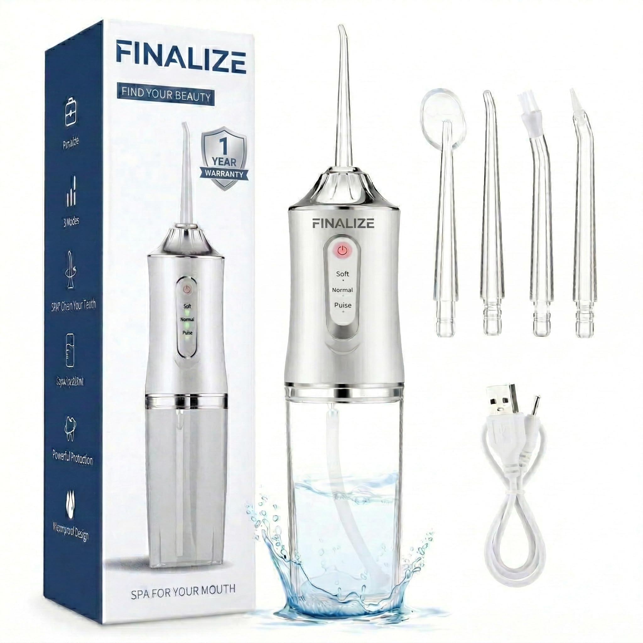 Finalize Water Flosser Portable Oral Irrigator with 3 Modes, 4 Jet Tips, Cordless Rechargeable with 220ml Detachable Water Tank, IPX7 Waterproof (White,Green,Pink)-Multicolor (Water Flosser)