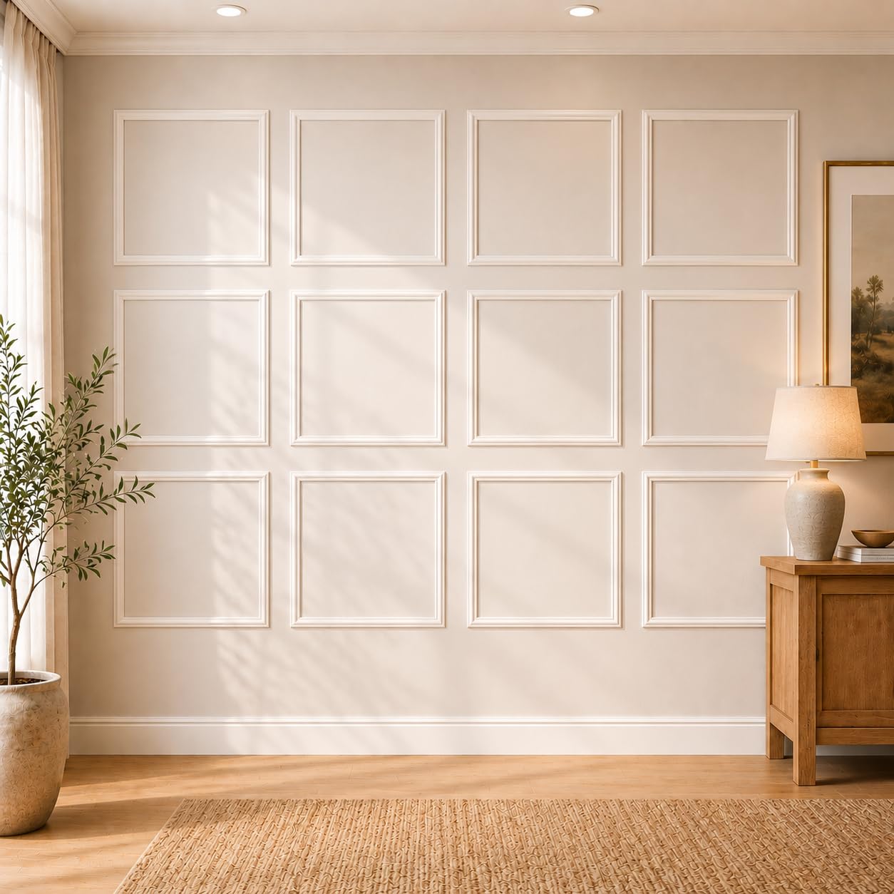Photo 1 of COUKIU Pre-Cut 12 Set Peel and Stick Wall Molding Trim Kit, 24" x24" Premade Wainscoting Panels, Self Adhesive Moulding Panel for Interior Walls Picture Frame