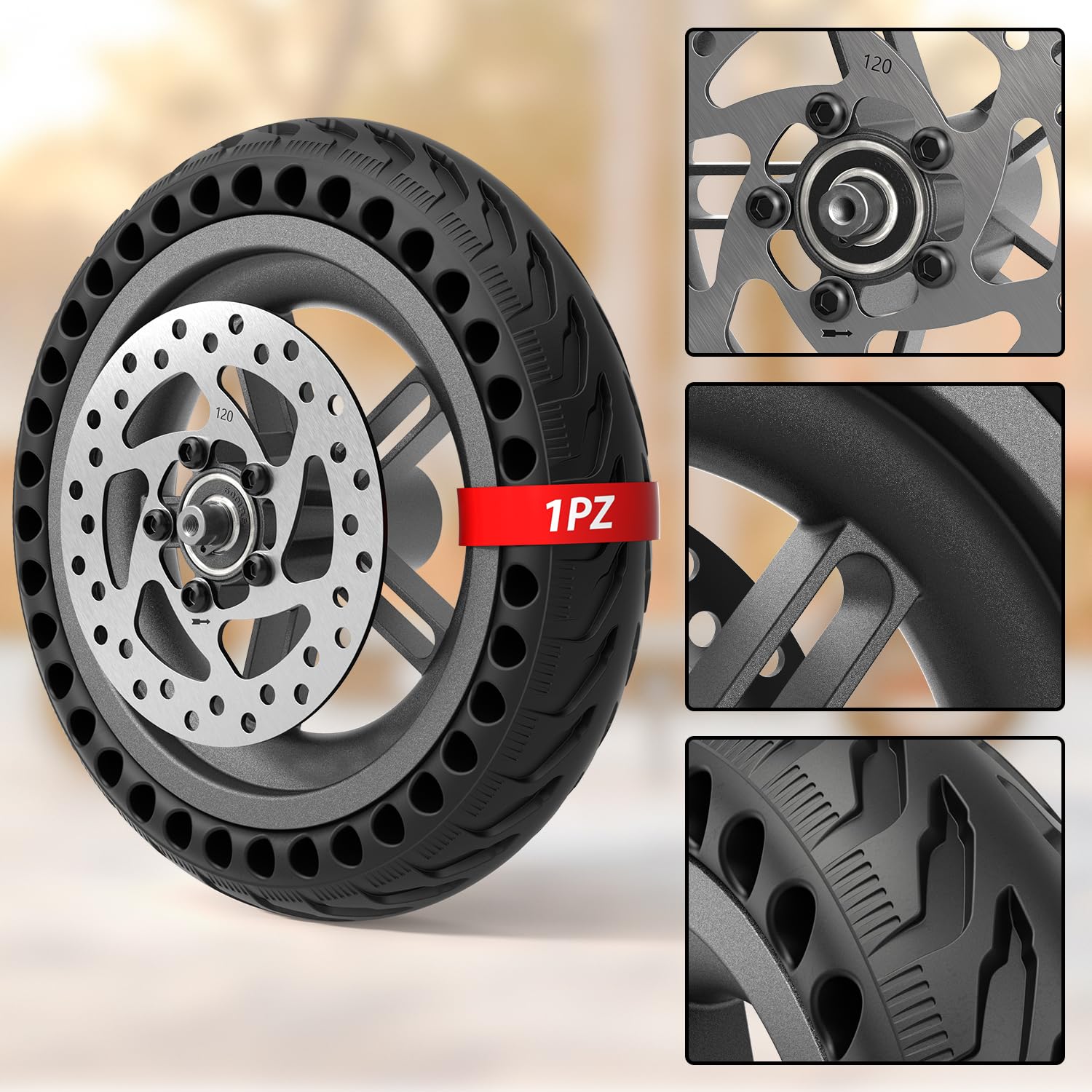 1PZ FMR-PR2 Kit de Roue Solide 8,5 Pouces remplacement pour Xiaomi Pro/Pro 2 | Disque de Frein 120mm inclus | avec Pneu Plein Anticrevaison et Moyeu| Compatible Roue Avant/Arrière