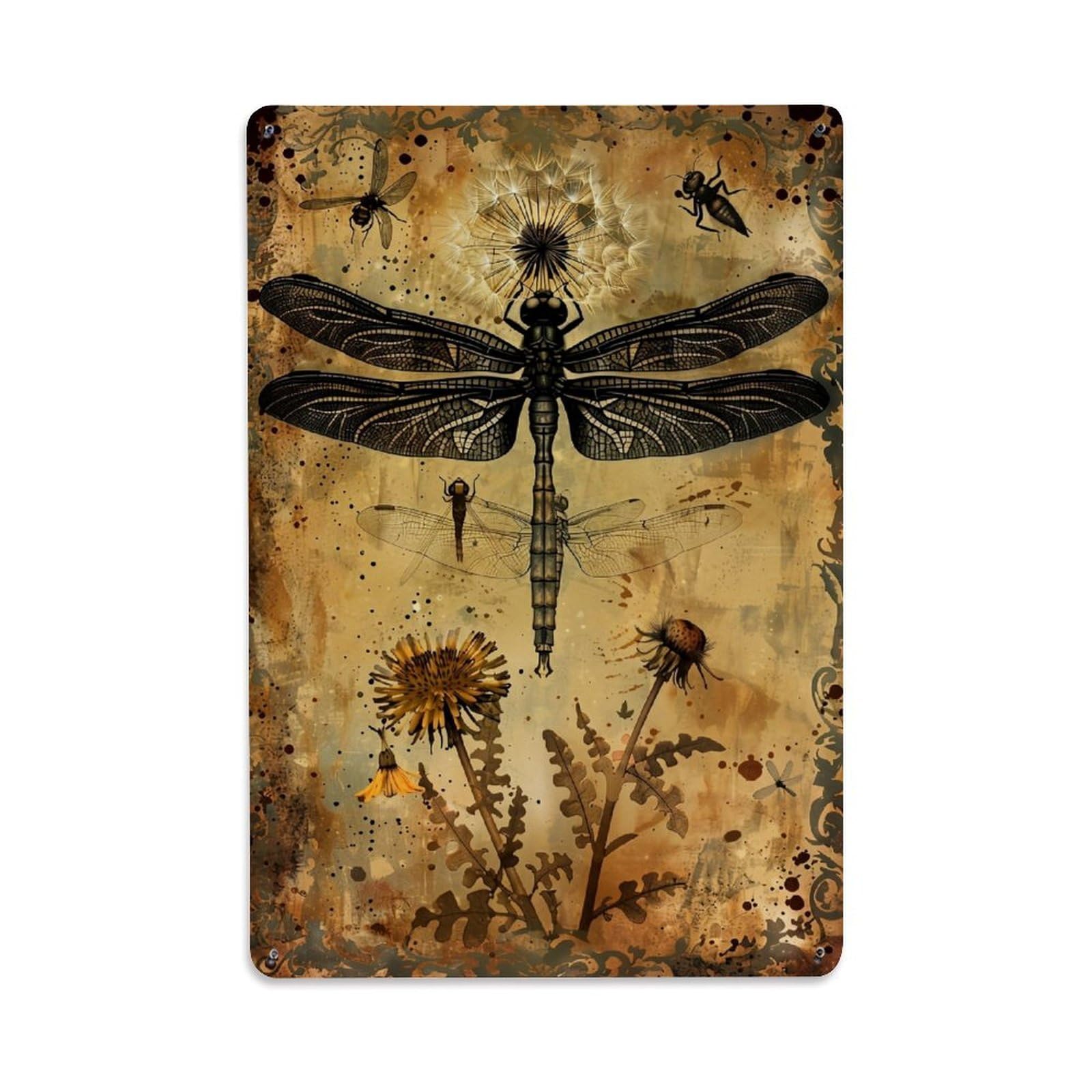 Jdfenggu Vintage Dragonfly Dandelion Insect Artwork Pattern Retro Metal Tin Sign, Decor Art Poster For Bar, Home, Man Cave, Kitchen, Laundry Room Gift 8X12inch