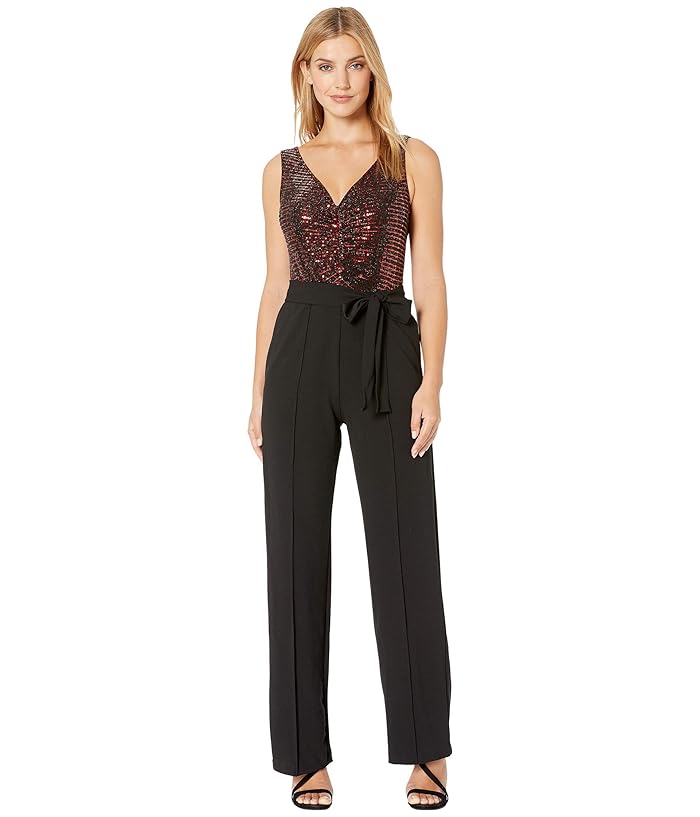 Donna Morgan  Metallic Stretch Top with Ruched Detail and Tie Jumpsuit (Black) Womens Jumpsuit and Rompers One Piece