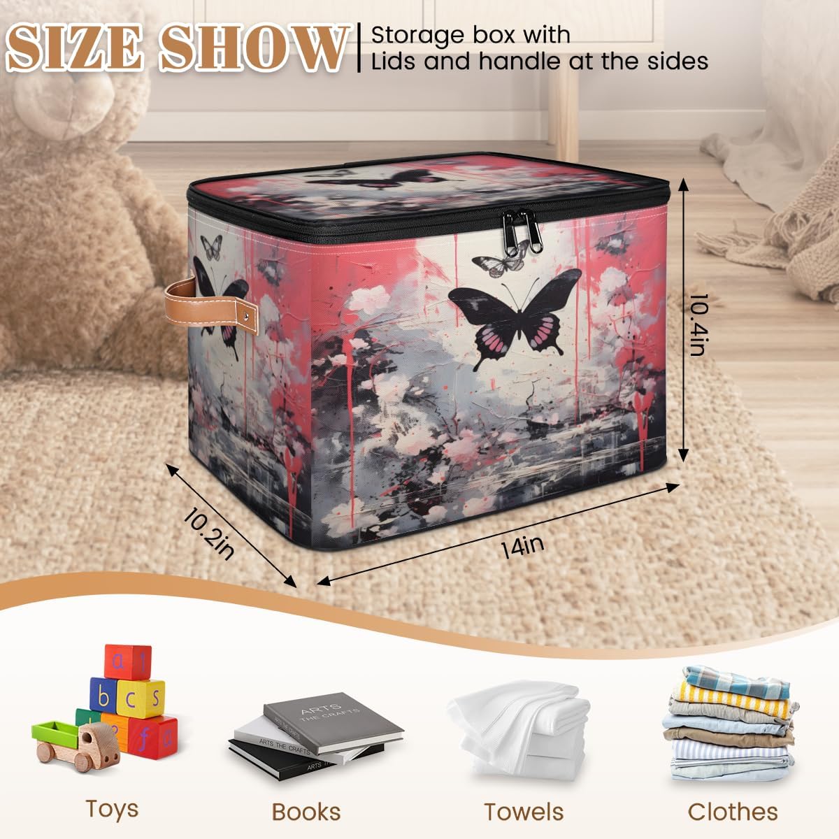 Storage Bin Set of 2 Watercolor Butterfly Storage Basket with Zipper Lid & Handle Foldable Closet Shelf 2 Pack Cloth Organizer Basket Cube Bins Clothes Organizer for Bedroom, Nursery