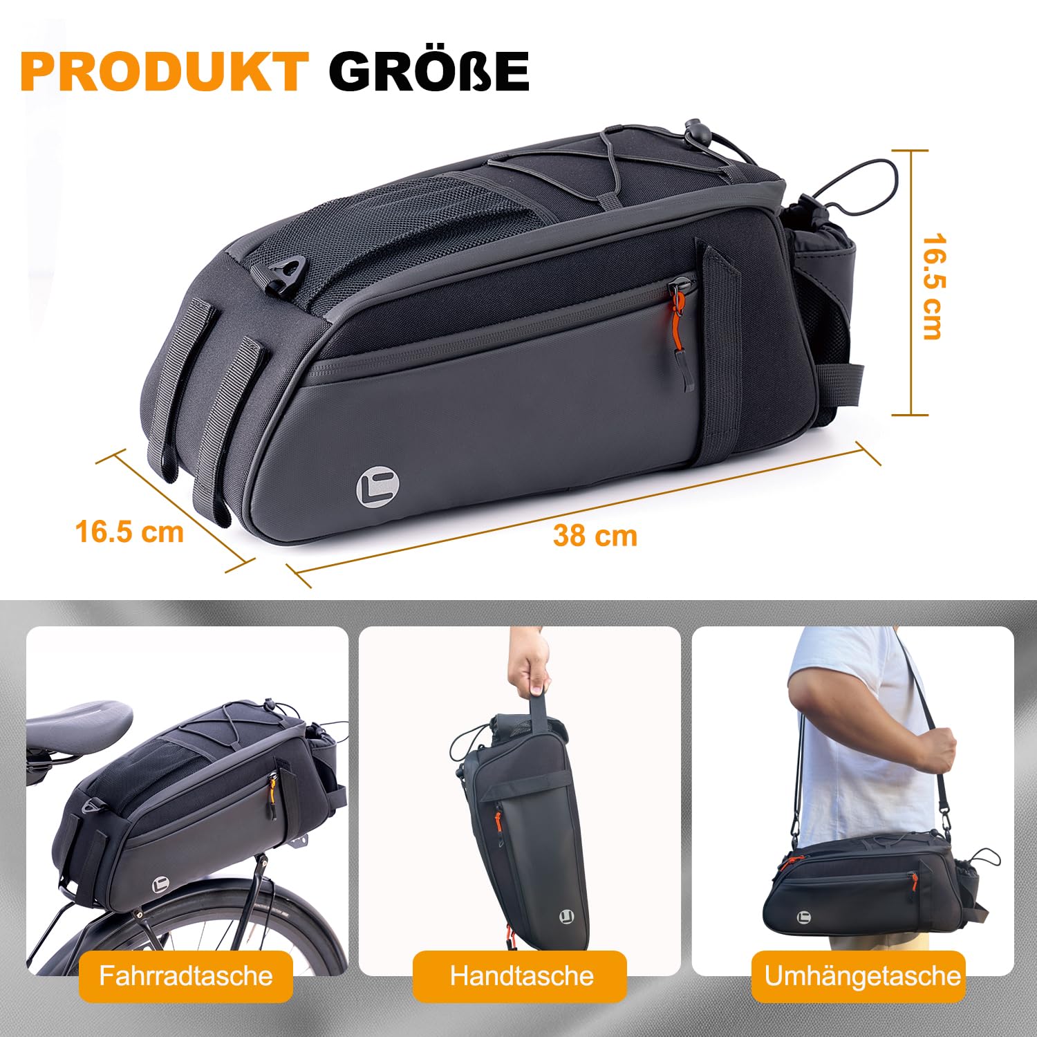NDakter 3in1 Fahrradtasche für Gepäckträger, 10L wasserdichte & Reflektierend Fahrrad Taschen Hinten Gepäckträger, Fahrrad Gepäckträgertasche mit Schultergurt & Tragegriff