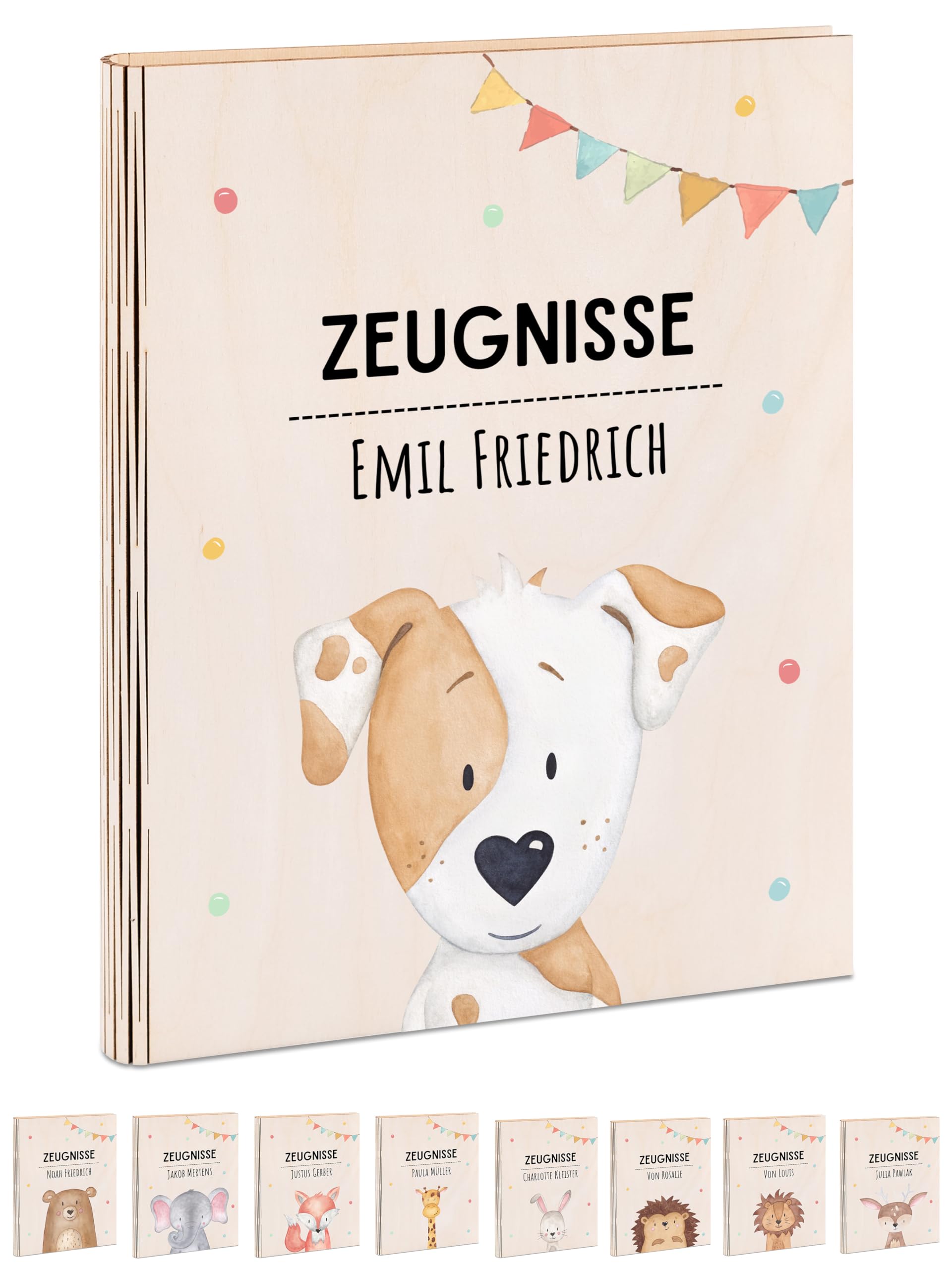 Wunderwunsch® - Personalisierte Zeugnismappe aus Holz Mit Hochwertigem Spezial-Druck - Einschulung Geschenk für Jungen & Mädchen (Hund Girlande)