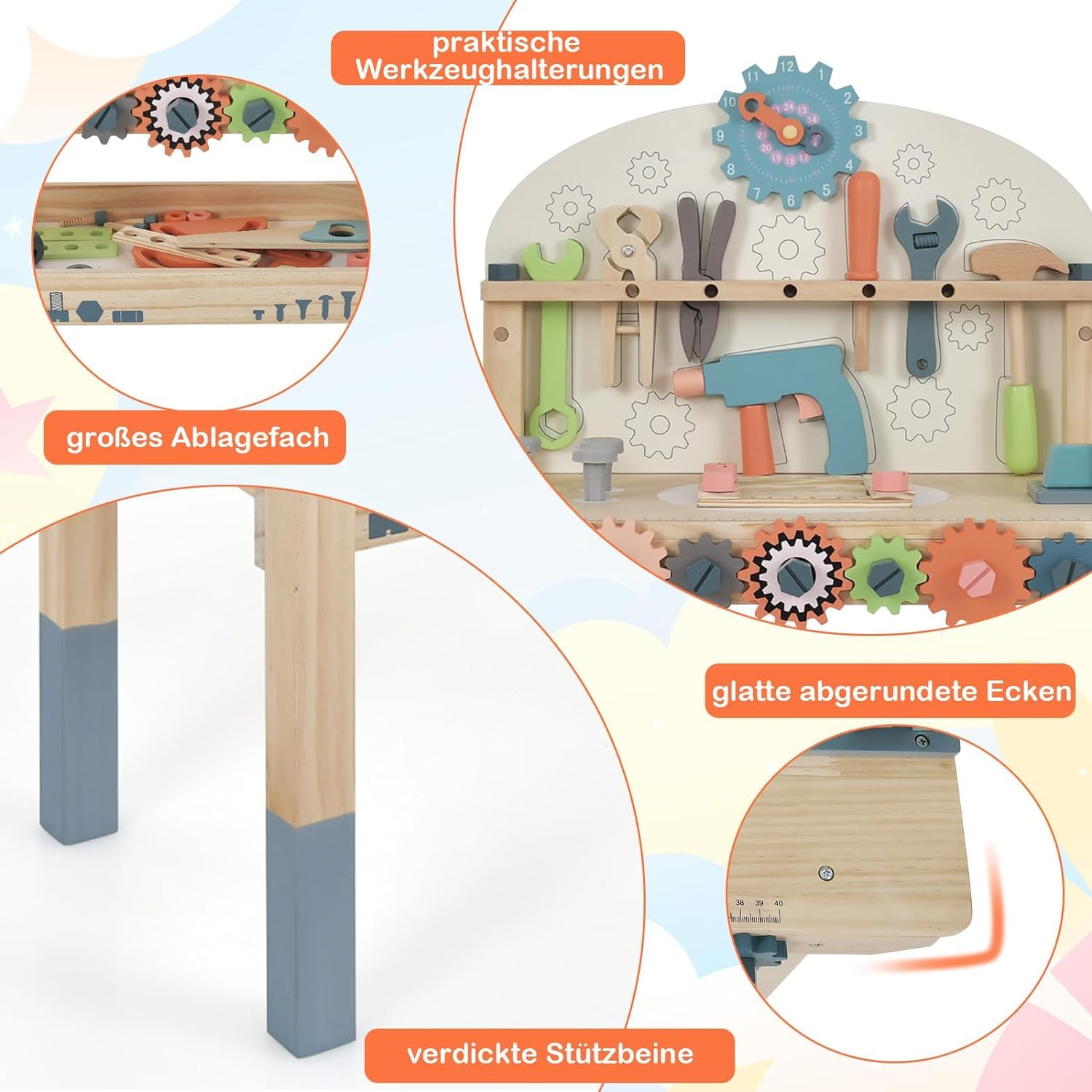 DREAMADE Werkbank Kinder, Werkzeugbank für Kinder aus Holz mit 63 Zubehör, Werkzeug Spielzeug Set mit Strauraum & Uhr & Werkzeughalter, Werkbank für Kinder ab 3 Jahren