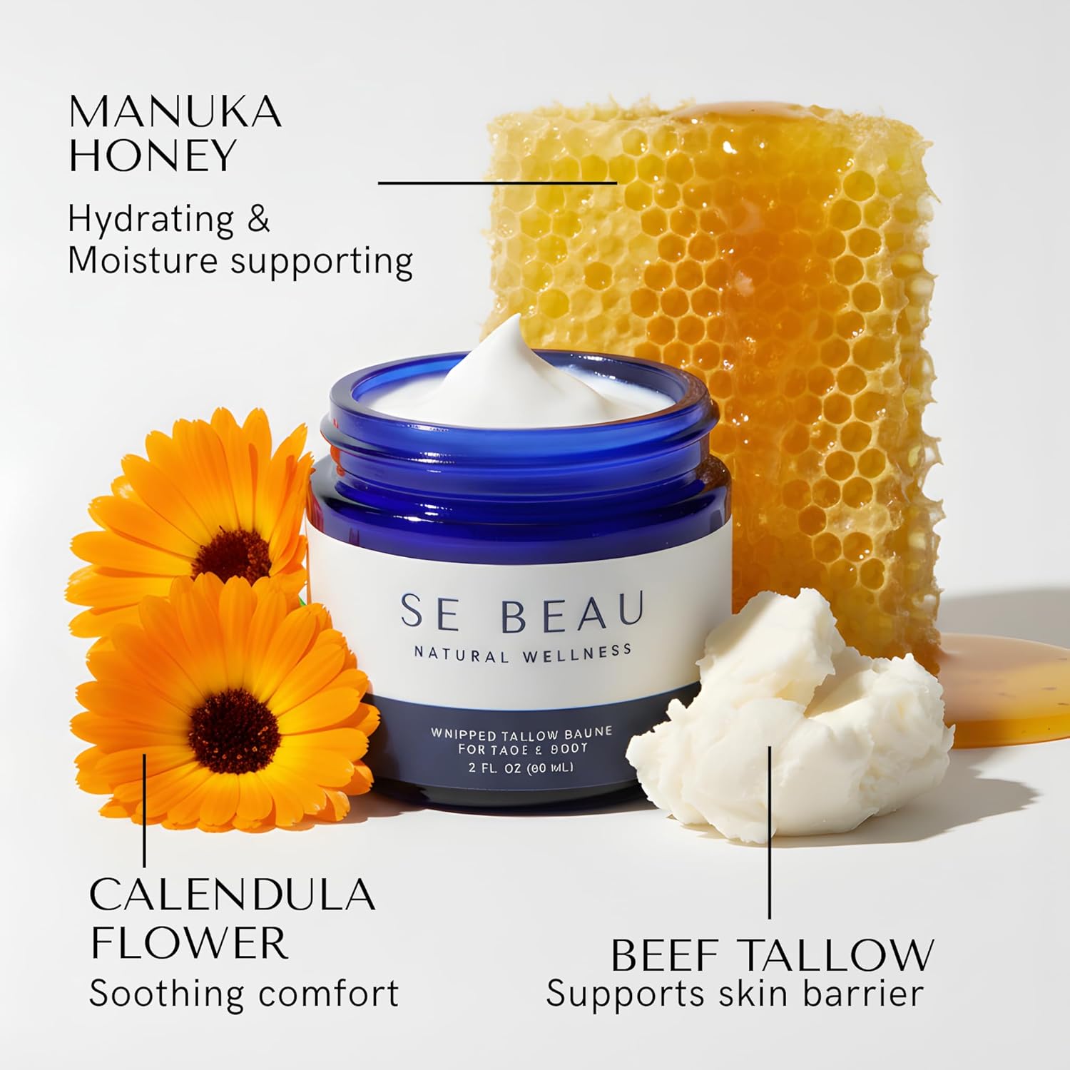 Tallow Balm - Whipped Grass-Fed with Manuka Honey & Calendula - Unscented Natural Moisturizer for Face & Body
