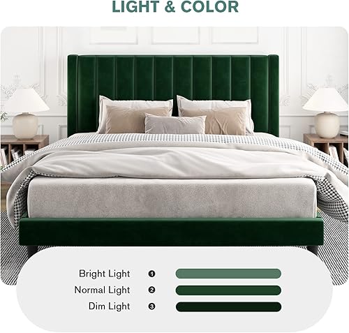 Miniatura 6 de IMUsee Base de cama tapizada de terciopelo tamaño Queen con cabecero, listones de madera fuertes, somier opcional, base de colchón, fácil montaje,