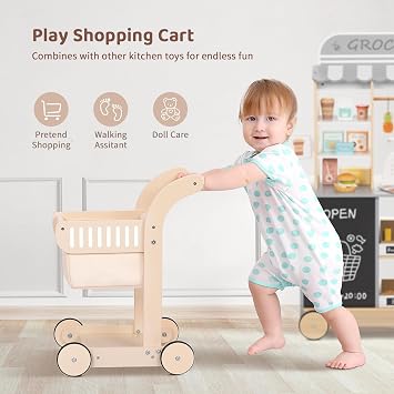 OOOK Baby Push Walker Doll Stroller, Wooden Baby Walker for Girls and Boys | FSC Safety, Kids Shopping Cart for Toddlers, Kids Stand Learning Cart with 4 Wheels, Ideal Gift Choice for Toddlers 12M+